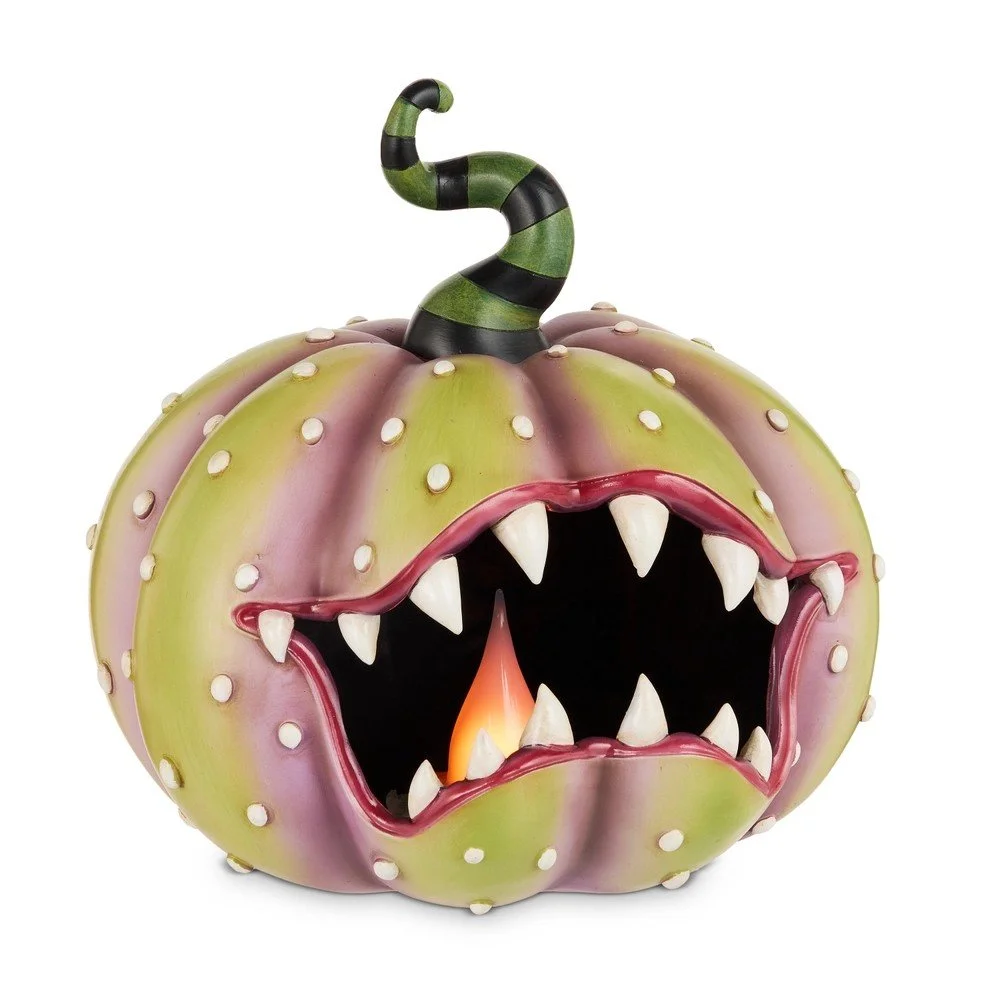 RAZ Lighted Ghoulish Pumpkin with Candle, 12"