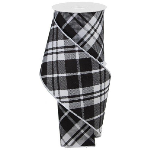 Printed Diagonal Plaid: Black/White, 4"