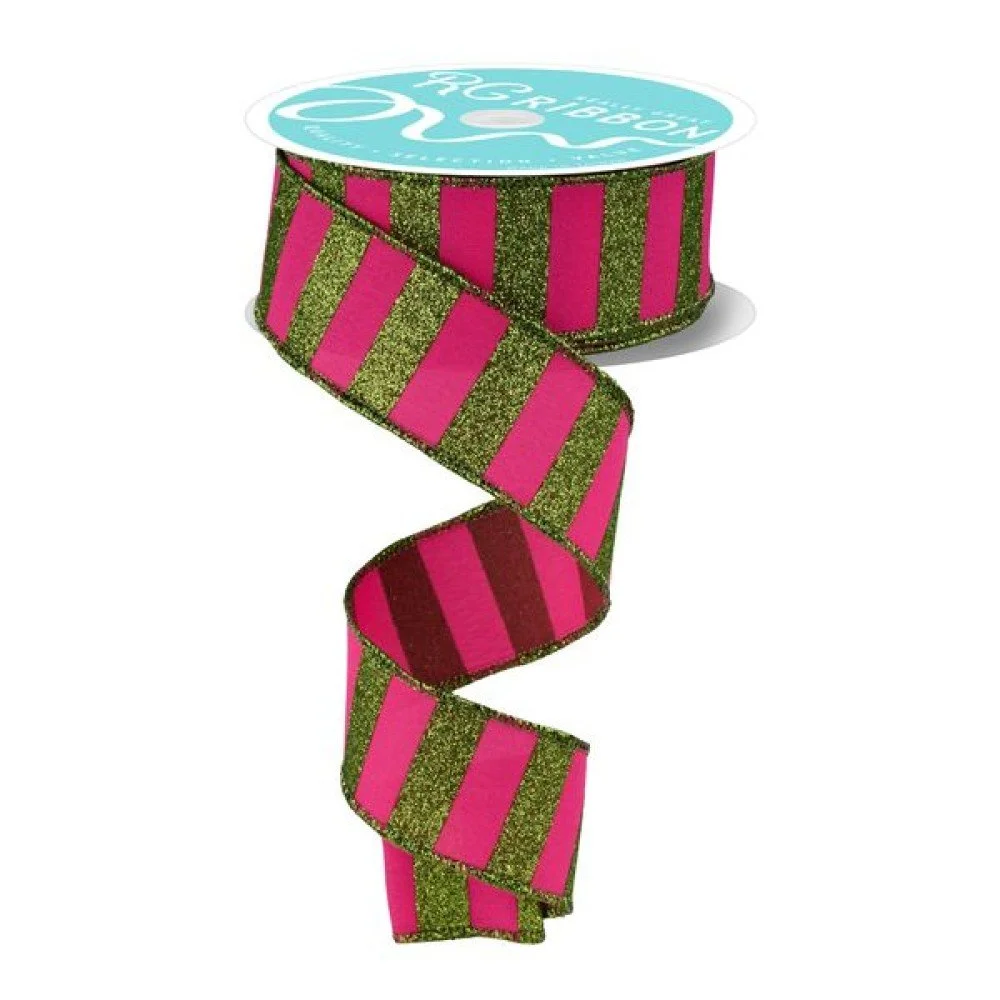 Horizontal Glitter Stripes: Pink/Lime Green, 1.5"