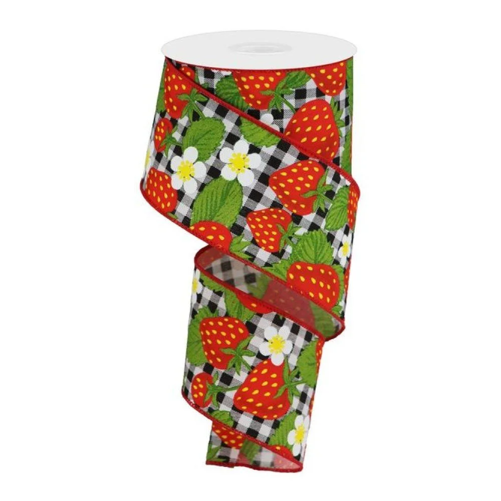 Strawberries on Gingham Check: Black/White, 2.5"