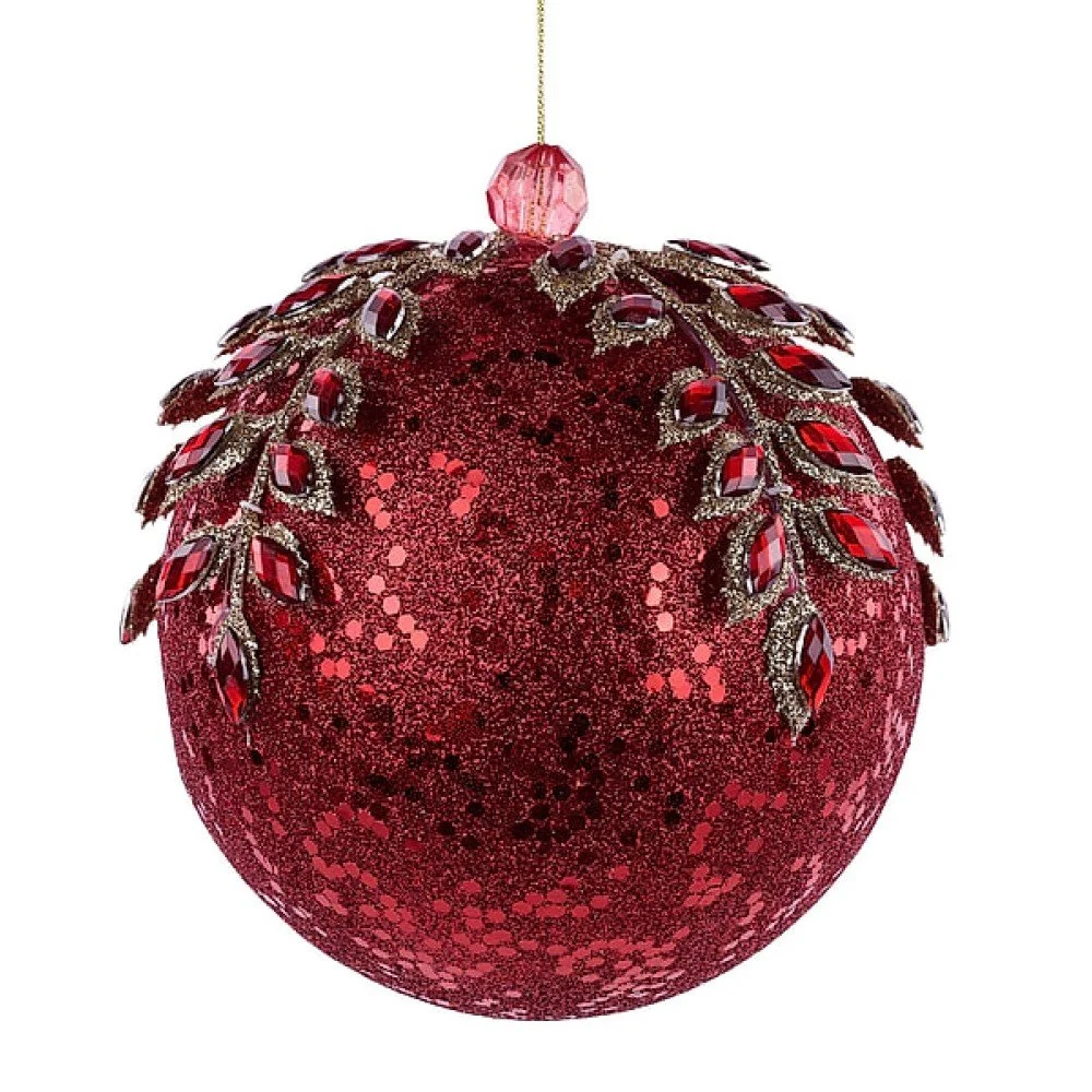 Diamond/Leaf Glitter Ball Ornament: Red, 5"