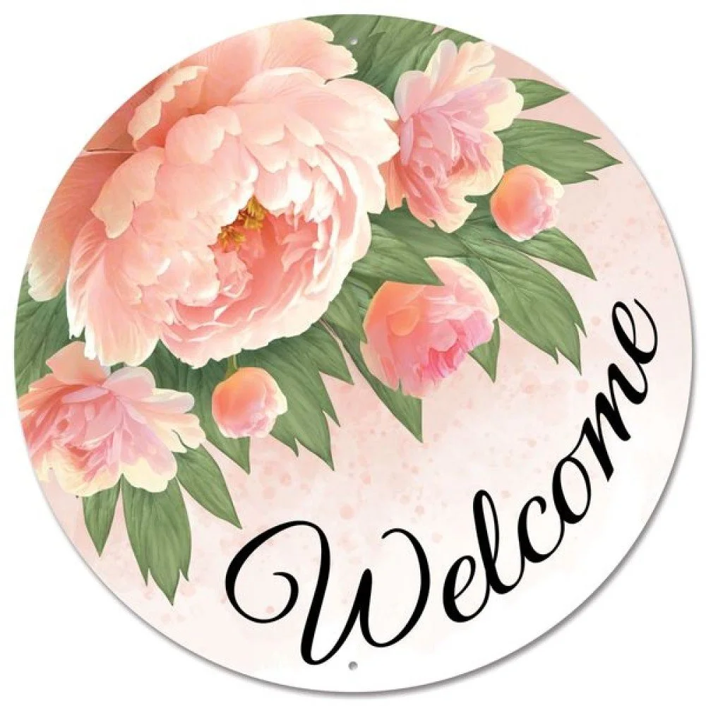 Welcome w/Peonies Metal Sign, 12" dia.