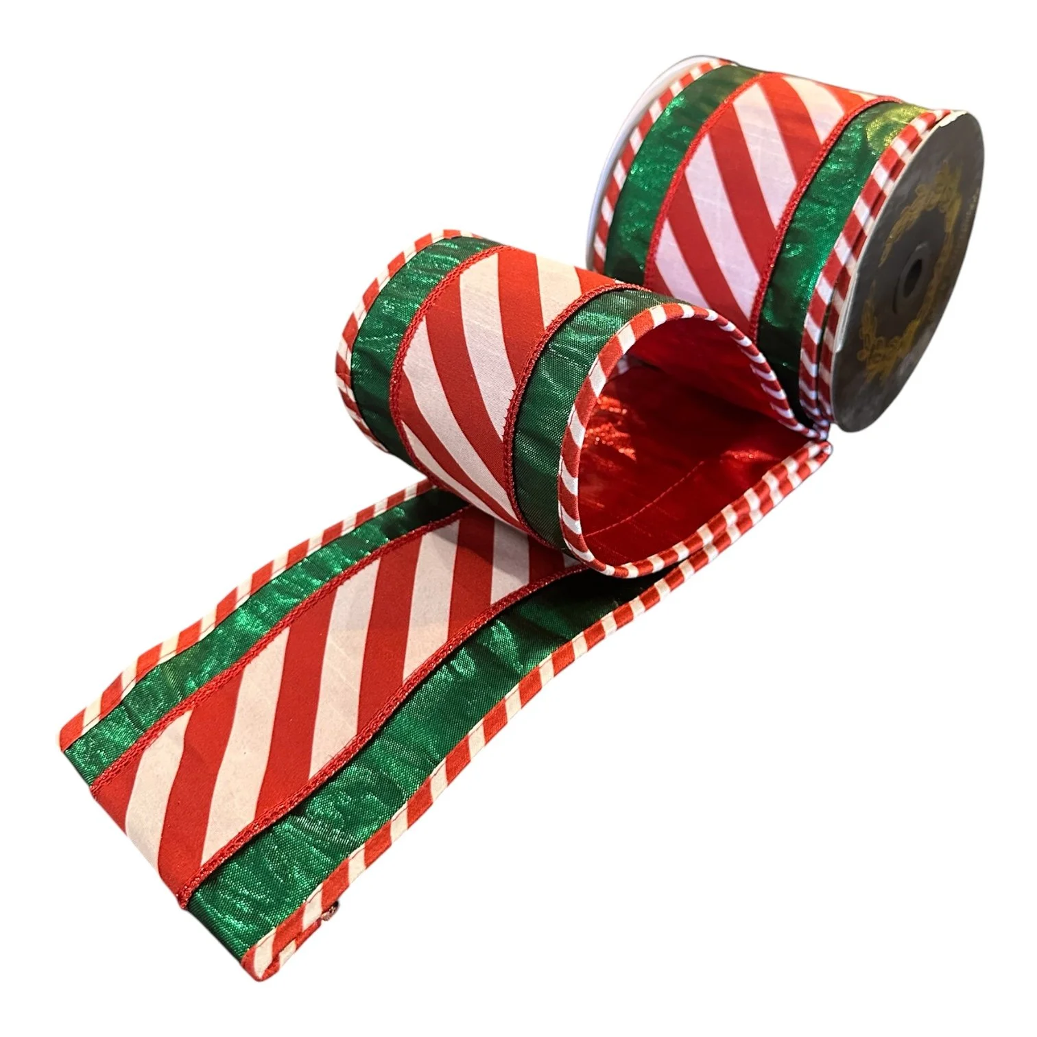 Metallic Dupion w/ Candy Cane Stripe Overlay: Green/Red, 4"