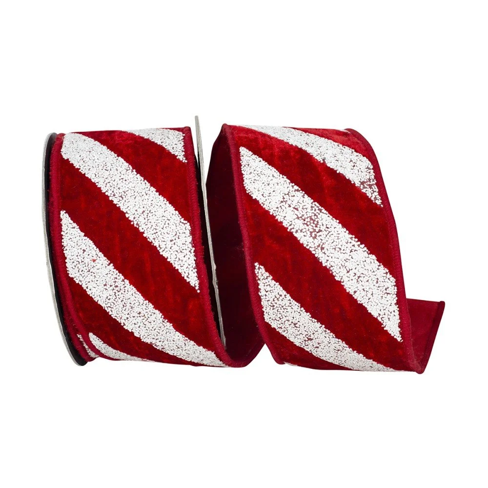 Plush Velvet Diagonal Textured Candy Cane Stripe Ribbon: Red/White, 2.5"