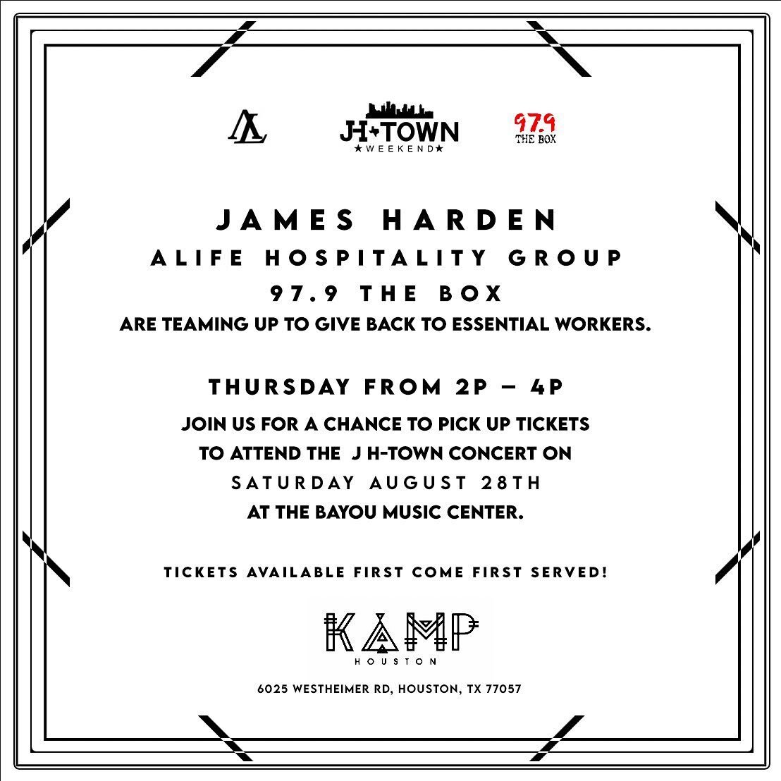 James Harden X Alife Hospitality Group X 97.9 are teaming up to give back to Houston Essential Workers

Join us Today Thursday Aug 26th from 2pm - 4pm at 
Kamp Houston @kamphouston (6025 Westheimer Rd.) 
for a chance to pick up tickets go to the JH T