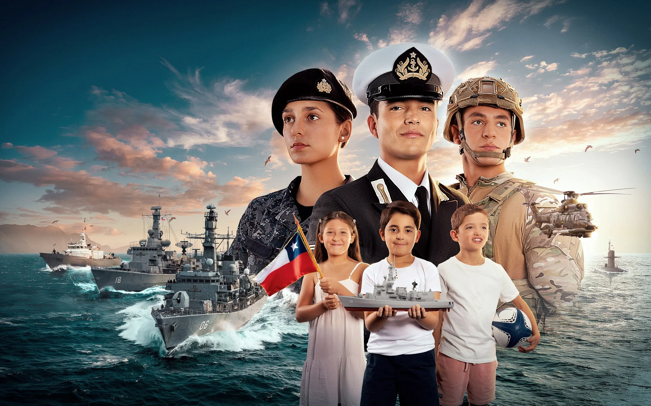Grupo diverso de niños y adultos en uniformes militares marítimos frente a barcos de guerra en el océano durante el atardecer.
