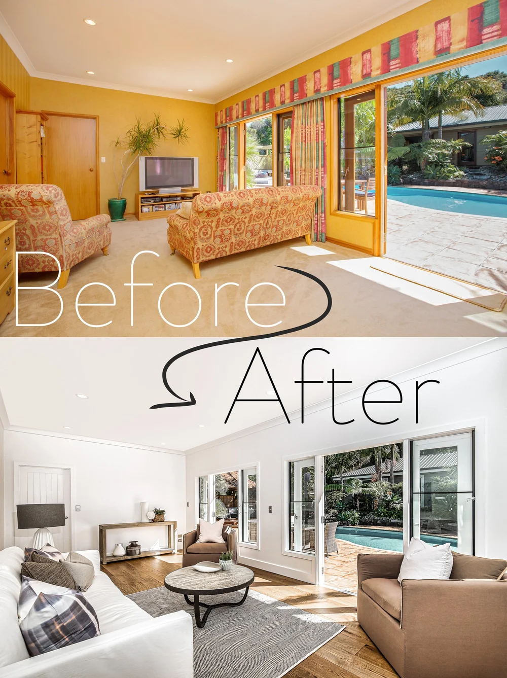Informal lounge before and after with new finishes and comfortable seating.