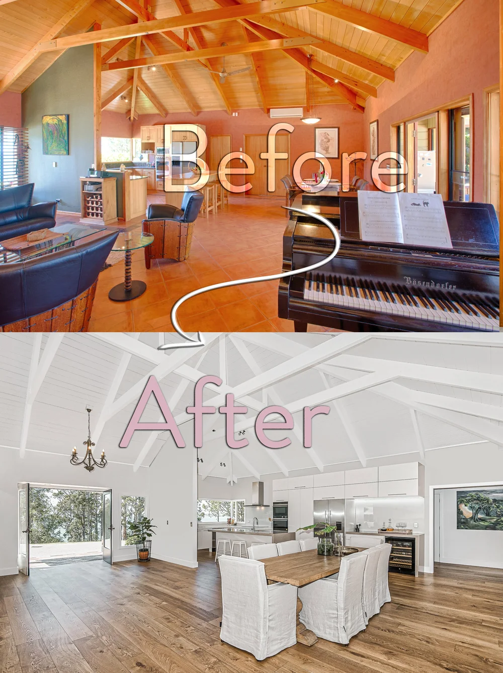Dining room before and after renovation, from timber finishes to a pale open space.