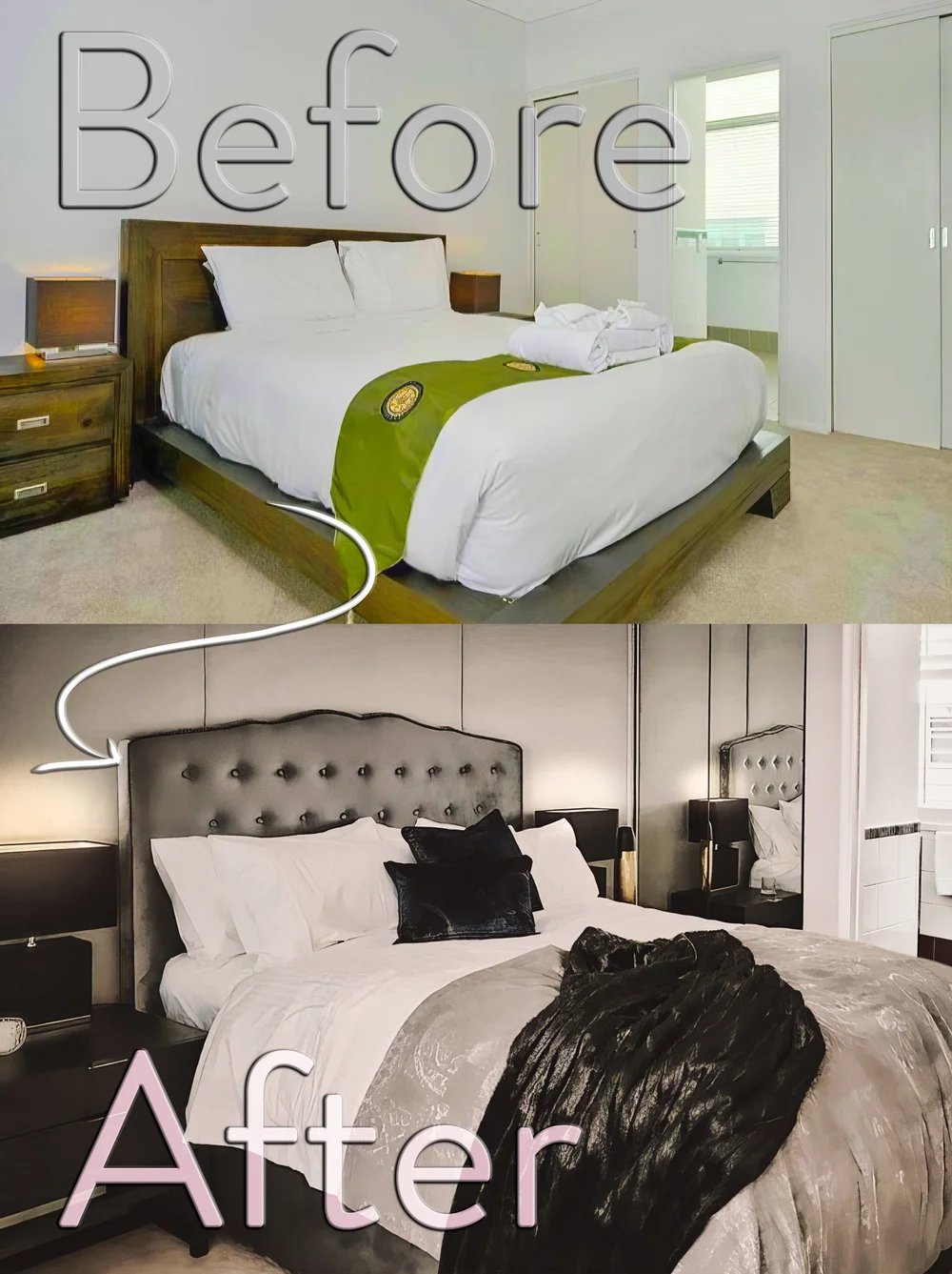 Apartment bedroom before and after with an upholstered headboard and layered bedding.