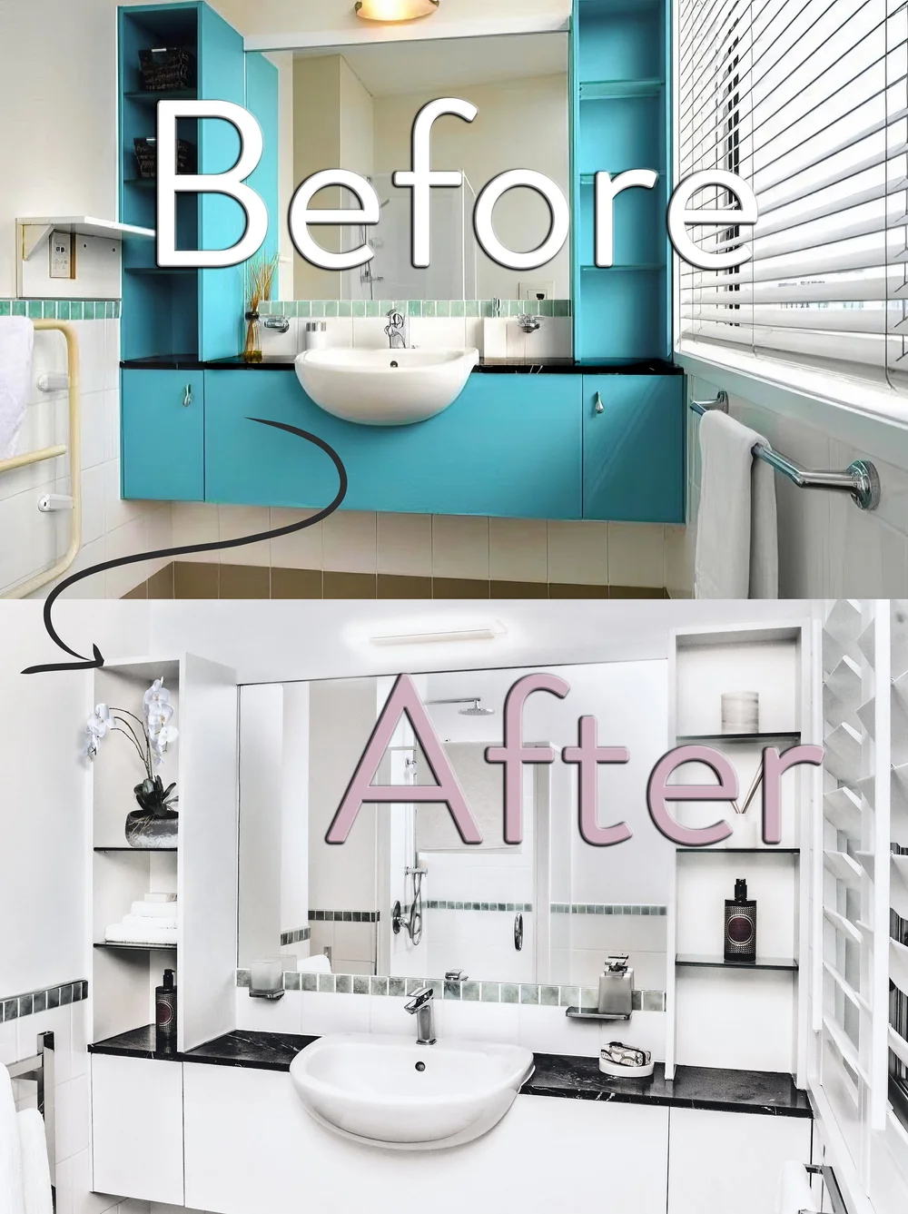 Apartment bathroom before and after with a pale vanity and updated finishes.