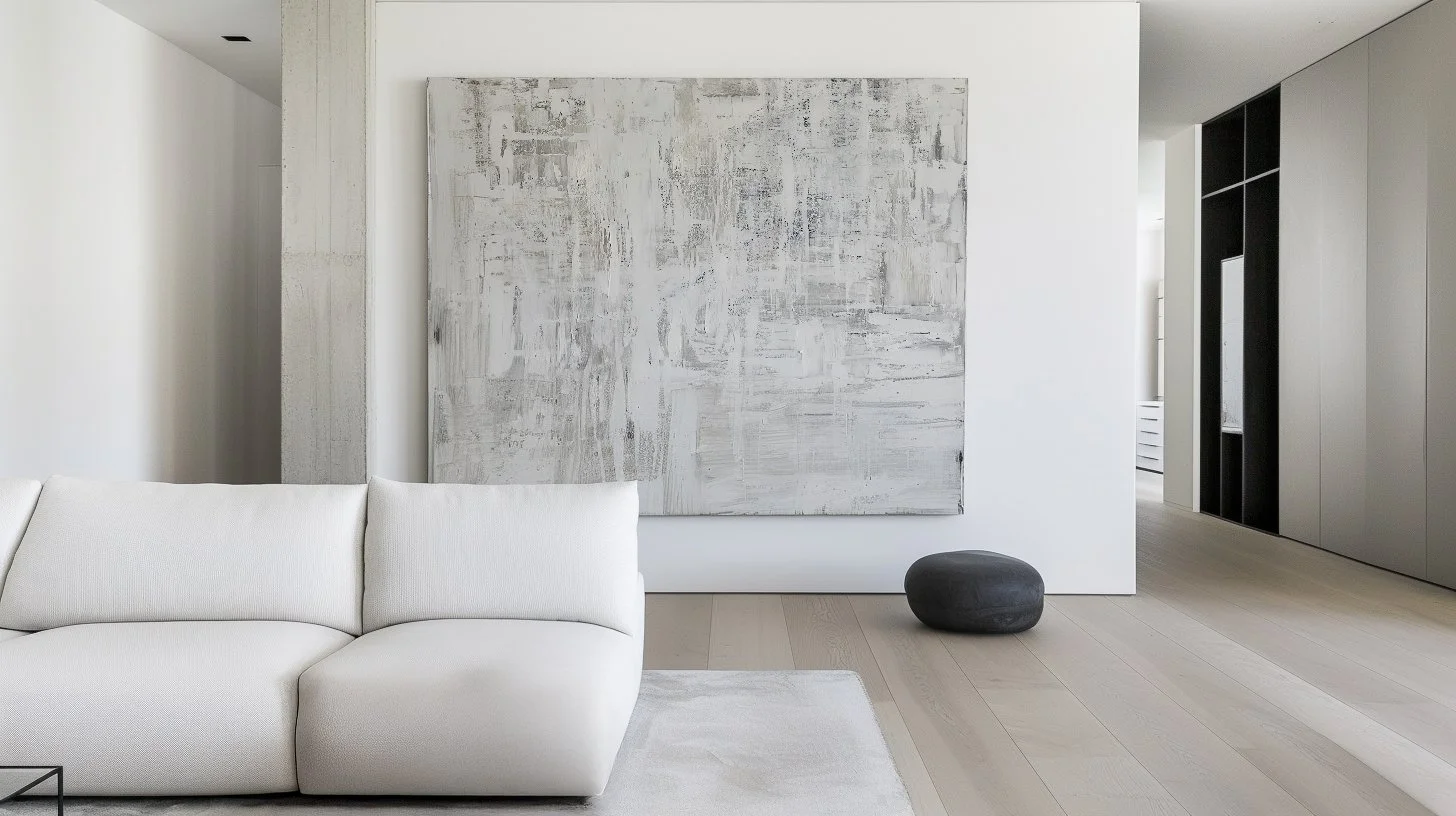 Minimalist white and grey textured acrylic painting by New Zealand artist and interior designer Shanly Simpson — layered brushwork with subtle tonal depth, evoking light on stone.