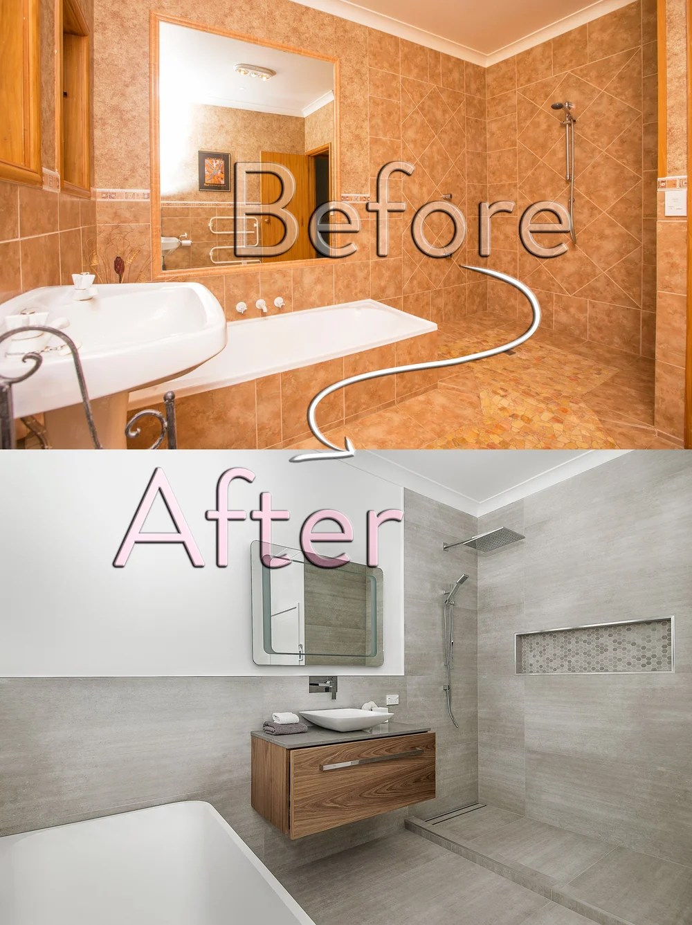 Bathroom before and after renovation with updated tiles, vanity and mirror.