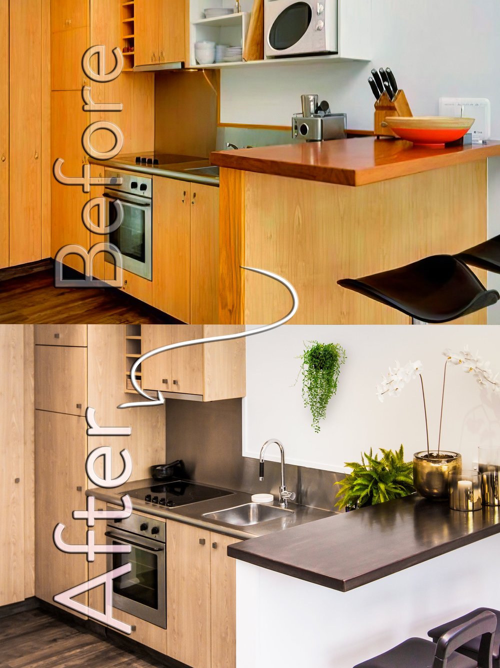 Apartment kitchen before and after with revised cabinetry and finishes.
