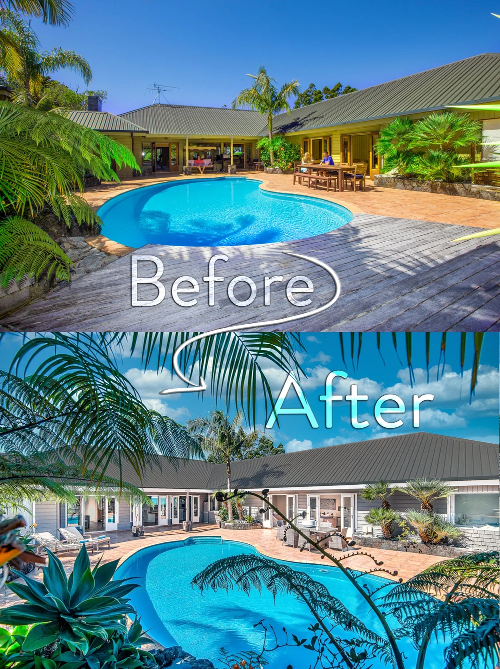 Before and after photographs of a swimming pool and its surrounding house.