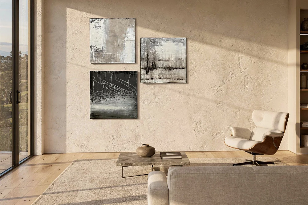 Remnant I, II and III by Shanly Simpson, shown in an interior setting.