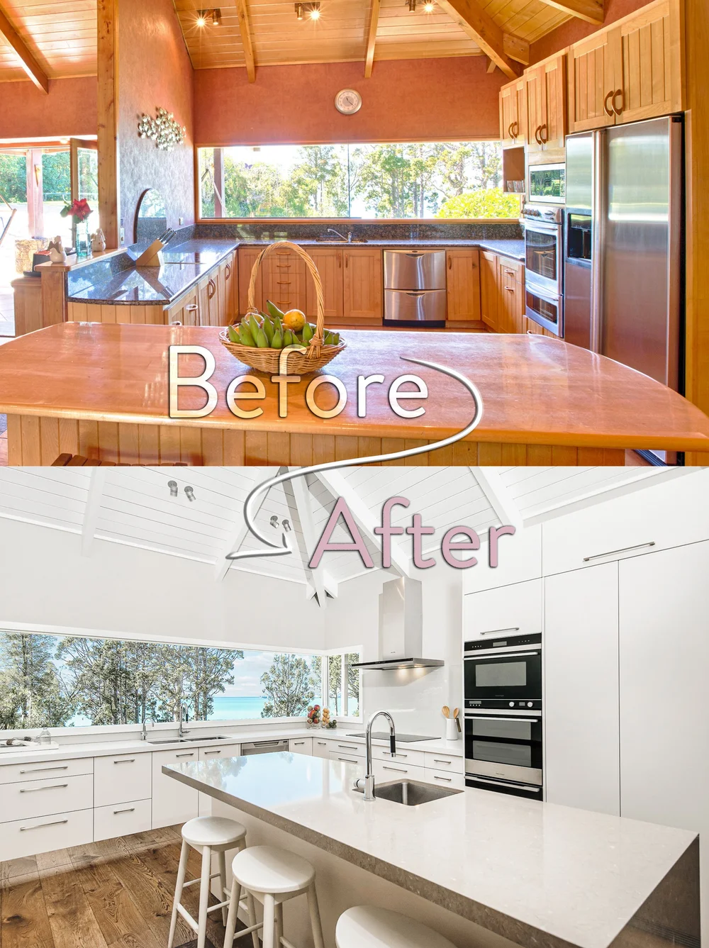 Kitchen before and after renovation with new white cabinetry and an island.