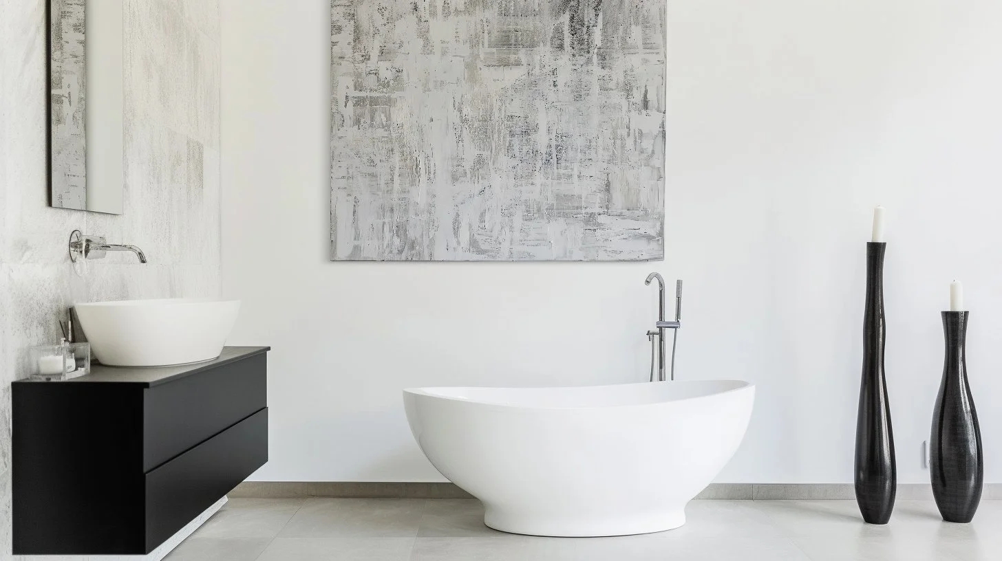 Neutral-toned abstract acrylic painting by New Zealand artist and interior designer Shanly Simpson, styled above a modern white freestanding bath with minimalist design elements.