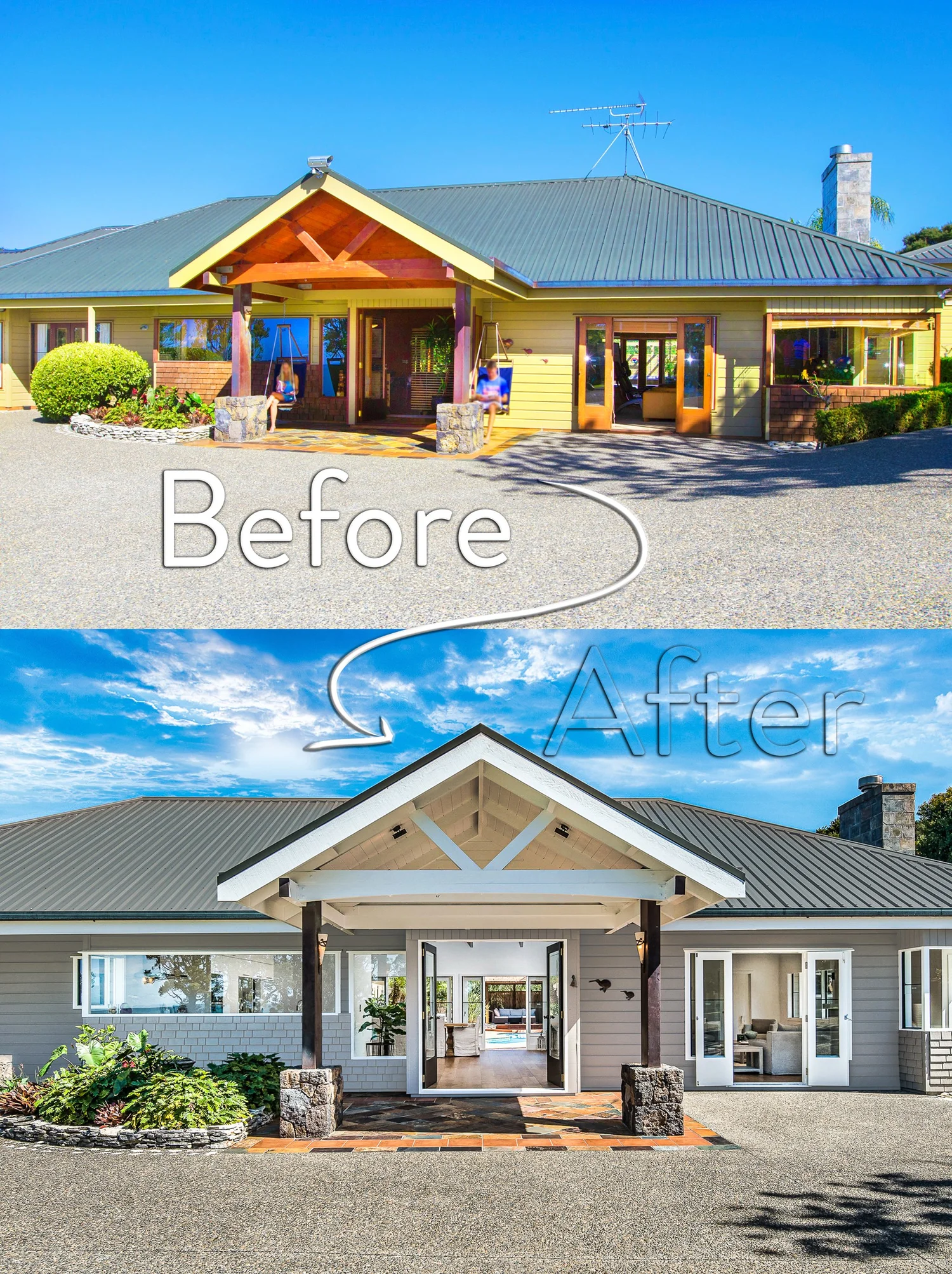Before and after comparison of a house exterior with a refreshed pale colour scheme.