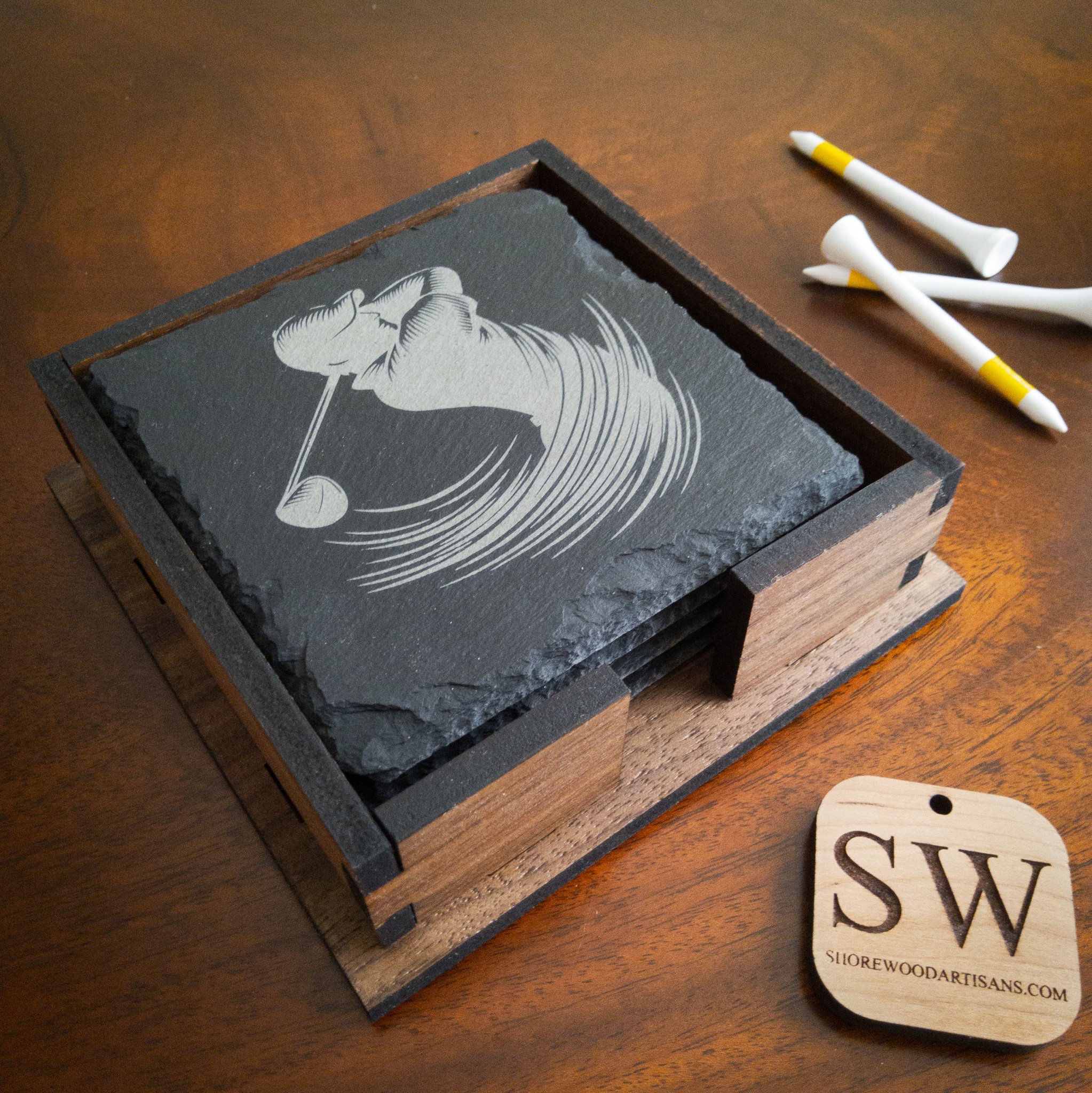 Slate Coasters with Walnut holder.... just for the golf nut you know..... Available.... $29.00
