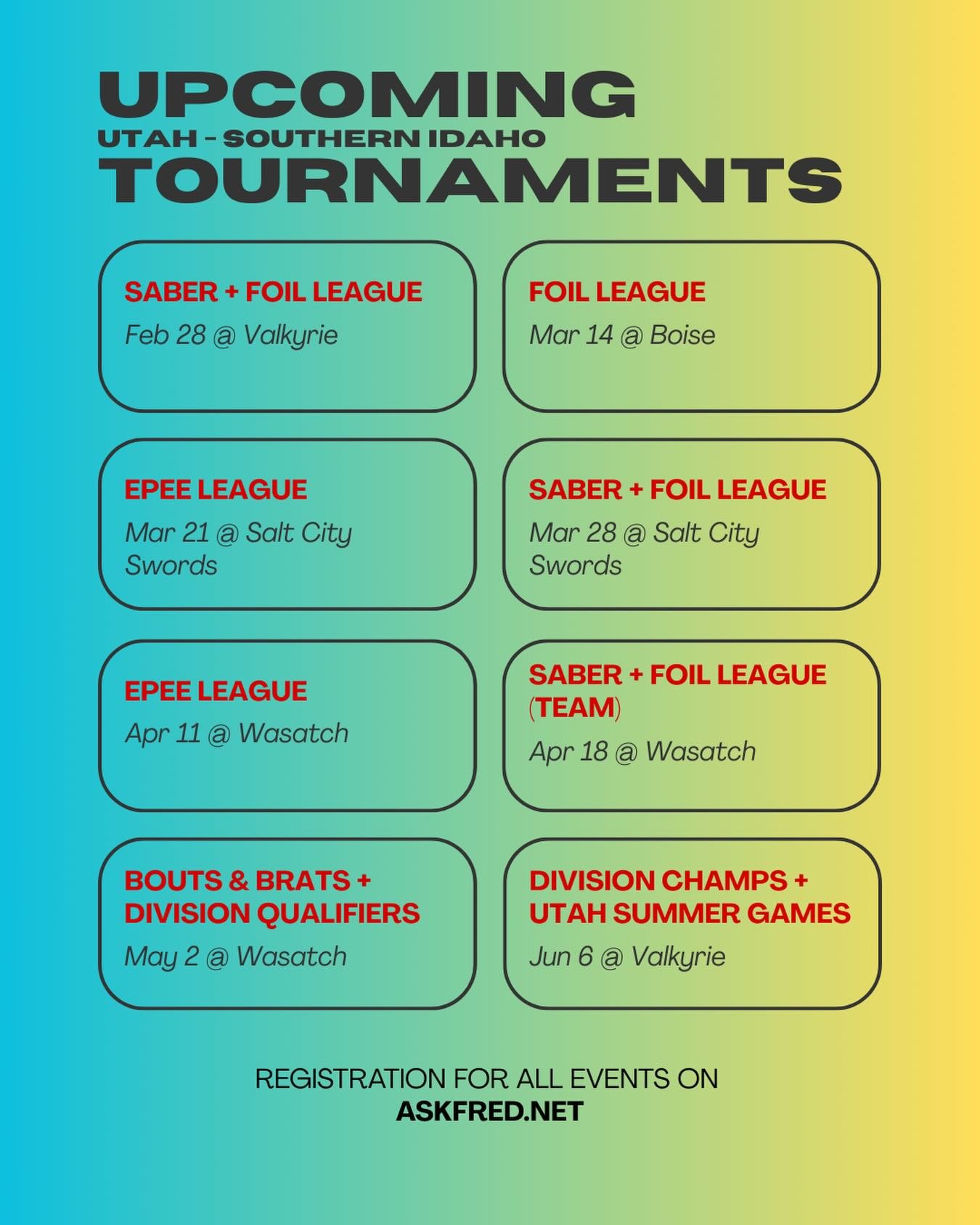Upcoming Local Utah-southern Idaho tournaments. Register at askfred.net