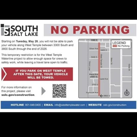Heads up! Starting Monday, June 1, the city is kicking off the West Temple water main replacement project, which will impact traffic on West Temple through the end of the year.

During this time, West Temple will be restricted to one-way northbound t