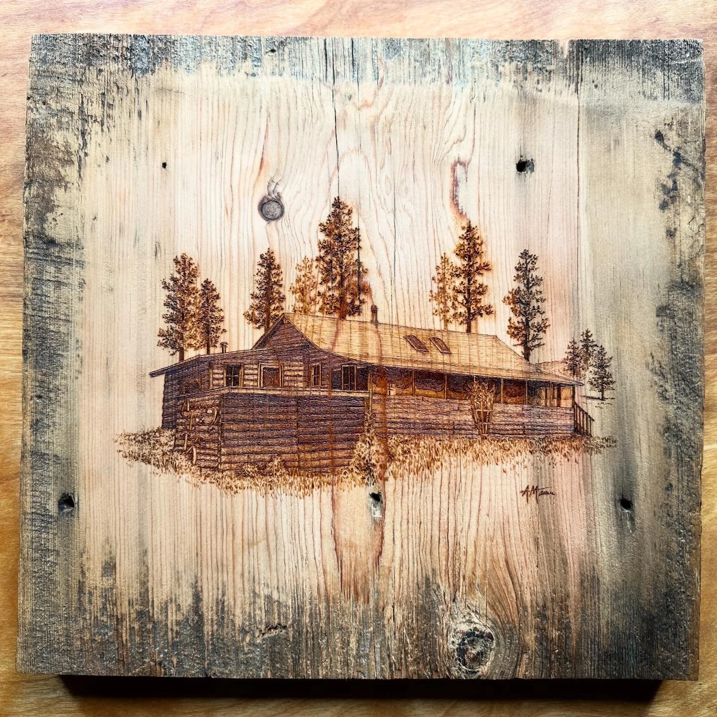 Durst Cabin, Custer State Park, SD on Ponderosa Pine (original exterior siding of said cabin) (12 x 11)