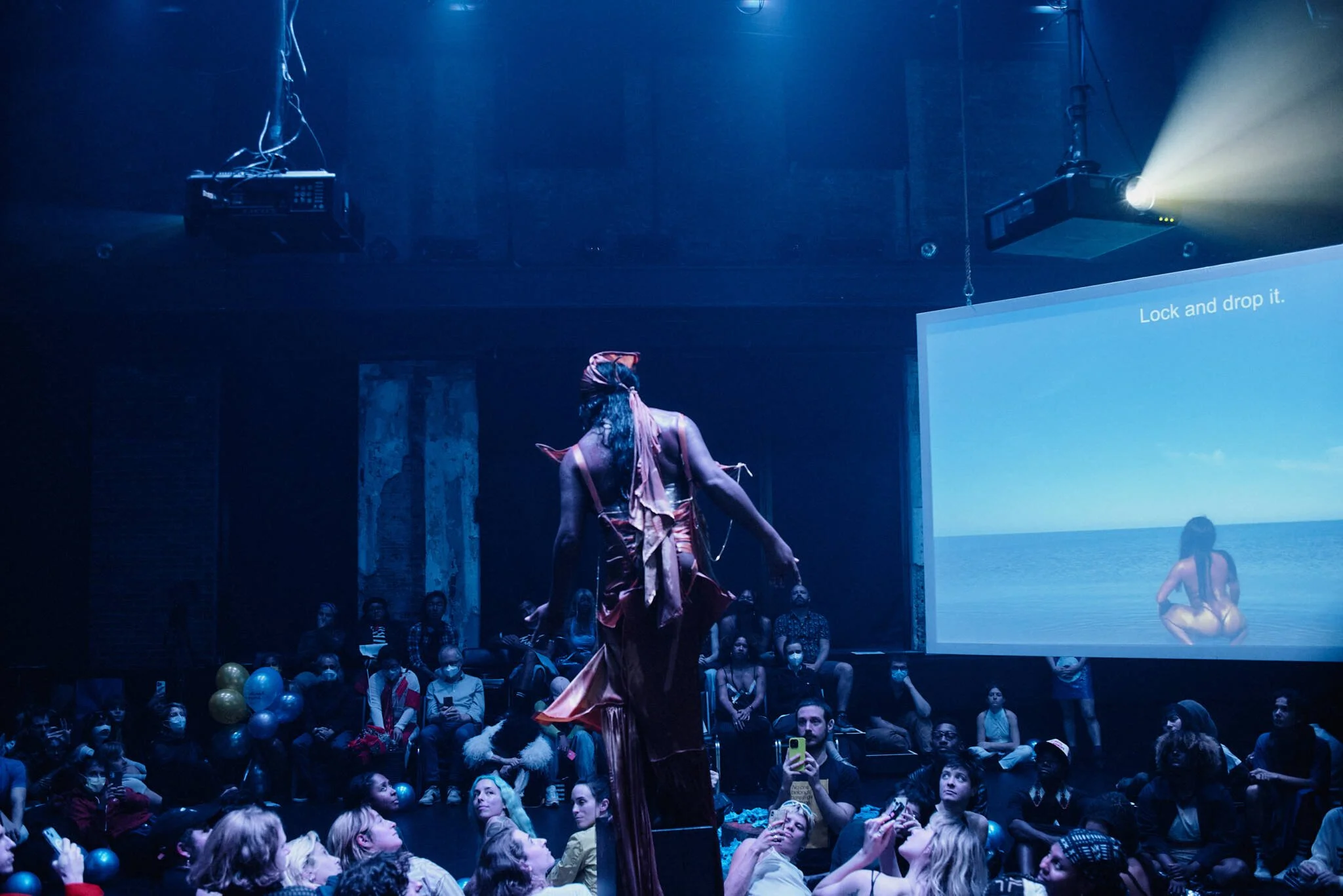 Keioui Keijaun Thomas, Come Hell or High Femmes, 2024 performance at Performance Space New York. Photo by Guario Rodriguez Jr. Gown by Miss Claire Sullivan.
