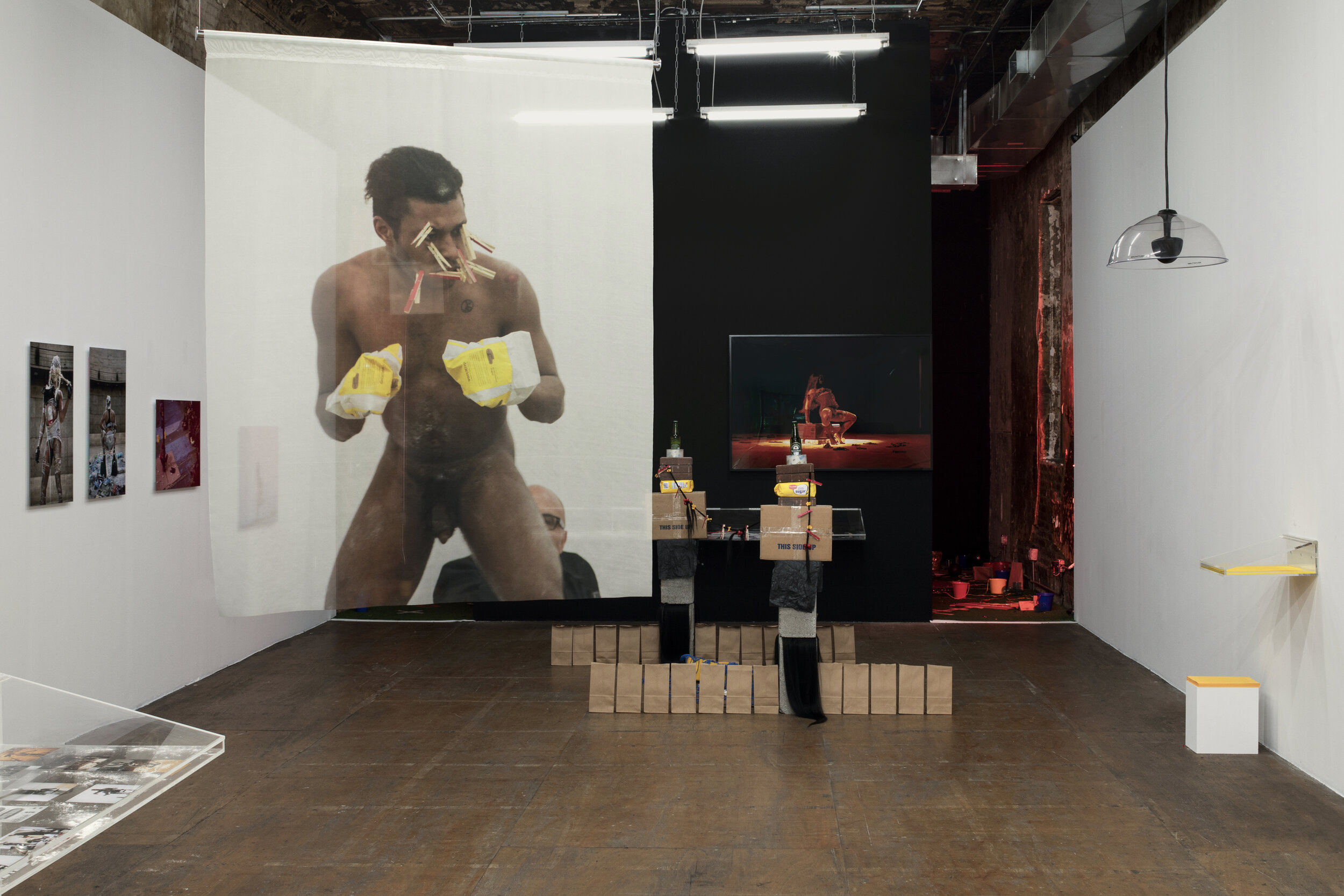 Keioui Keijaun Thomas: Hands Up, Ass Out, curated by Shehab Awad as Executive Care*, 2021, installation view at Participant Inc, New York. Photo: Daniel Kukla. Visual Description: A sheer, silk panel hangs from the exhibition space’s ceiling, depicting the artist naked and vulnerable with their fists raised, ready to fight.