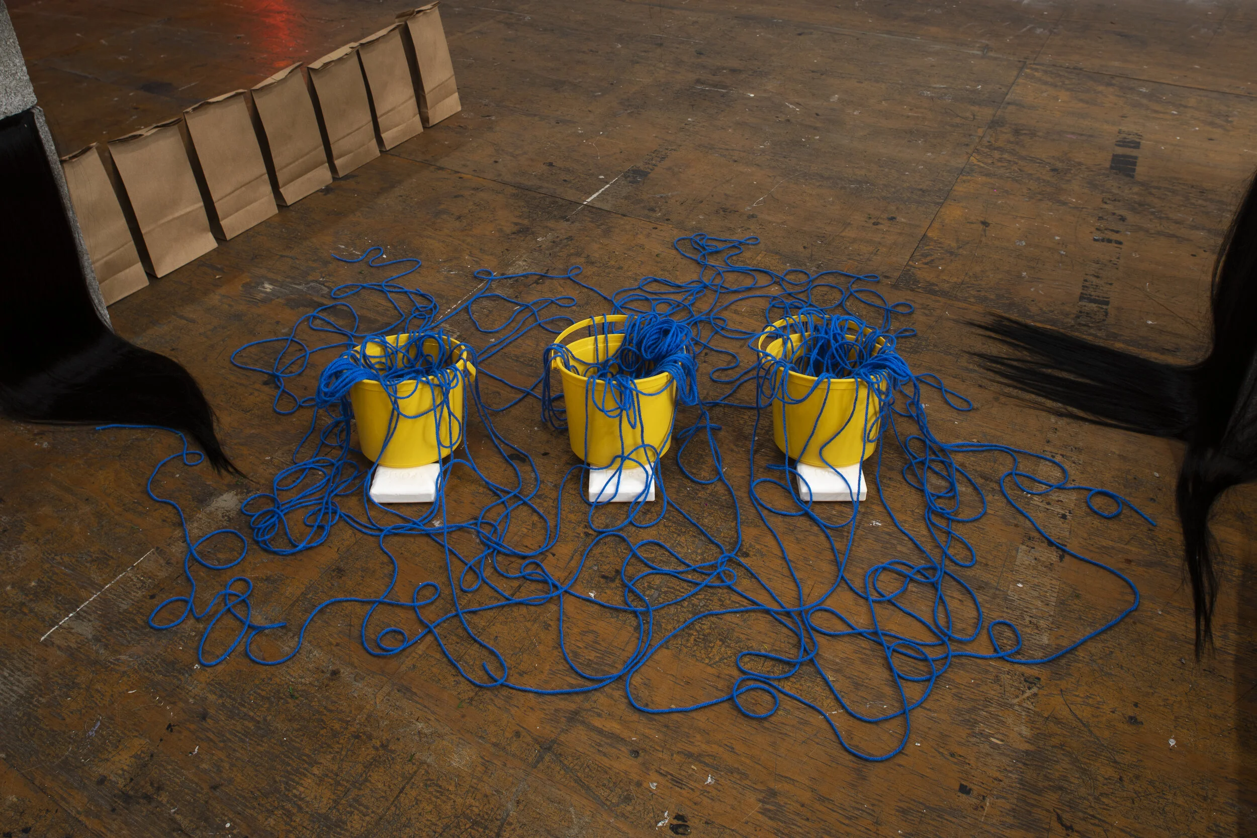 Hair Line Towers: Hang Me Out to Dry, 2016–18, 2021 (detail), in Keioui Keijaun Thomas: Hands Up, Ass Out, curated by Shehab Awad as Executive Care*, 2021 at Participant Inc, New York. Photo: Daniel Kukla.