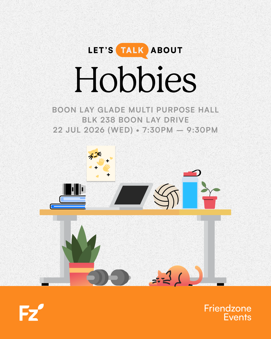 Infographic about Friendzone's upcoming event, Boon Lay // Let's Talk About Hobbies
