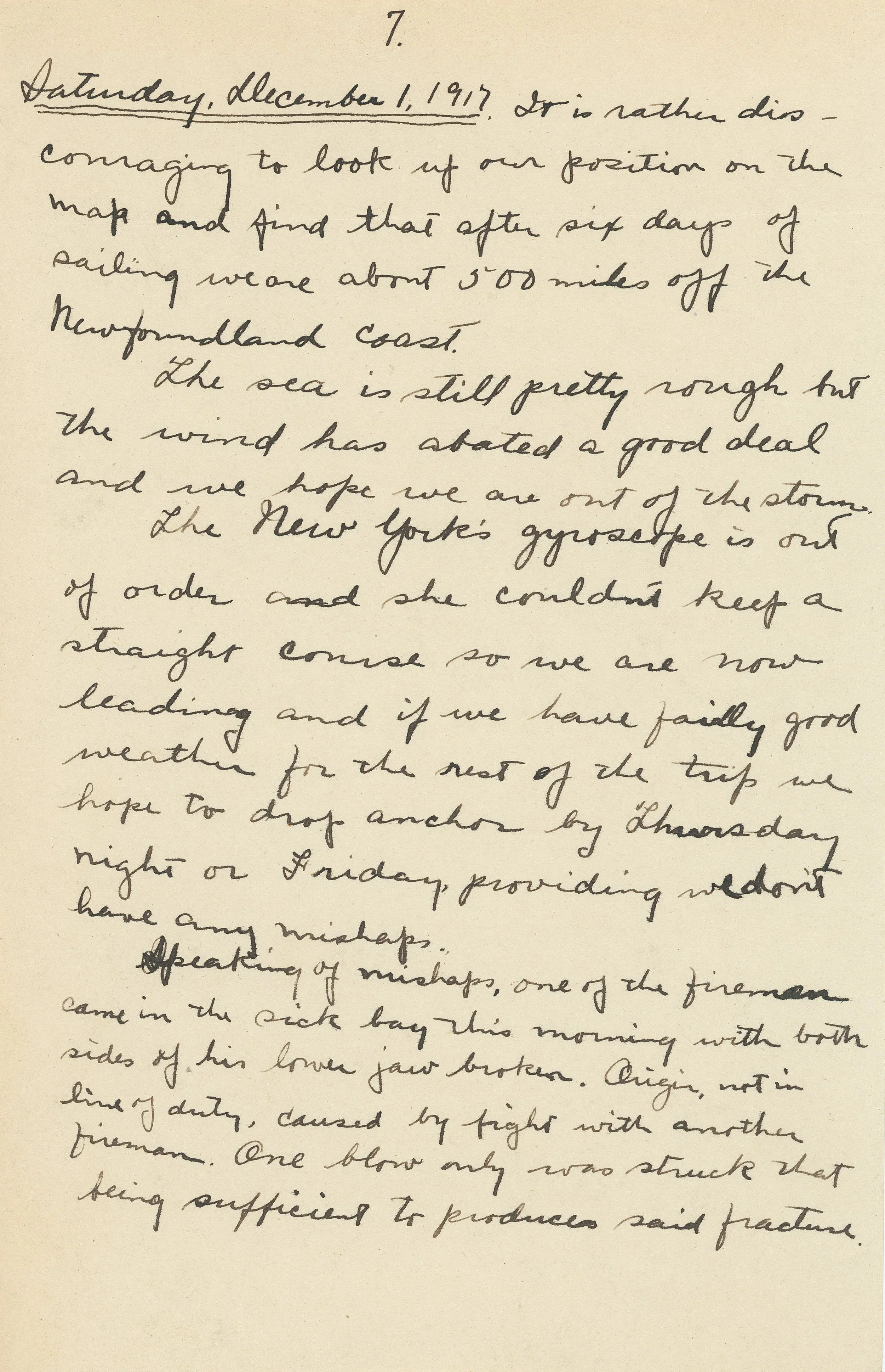 Handwritten journal entry dated December 1, 1917, discussing rough sea conditions.