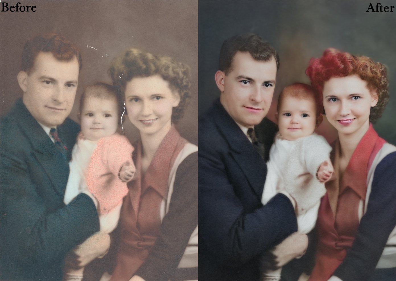 Side-by-side comparison of a restored vintage family photo featuring a man, woman, and baby, showing before (left) and after (right) restoration results.