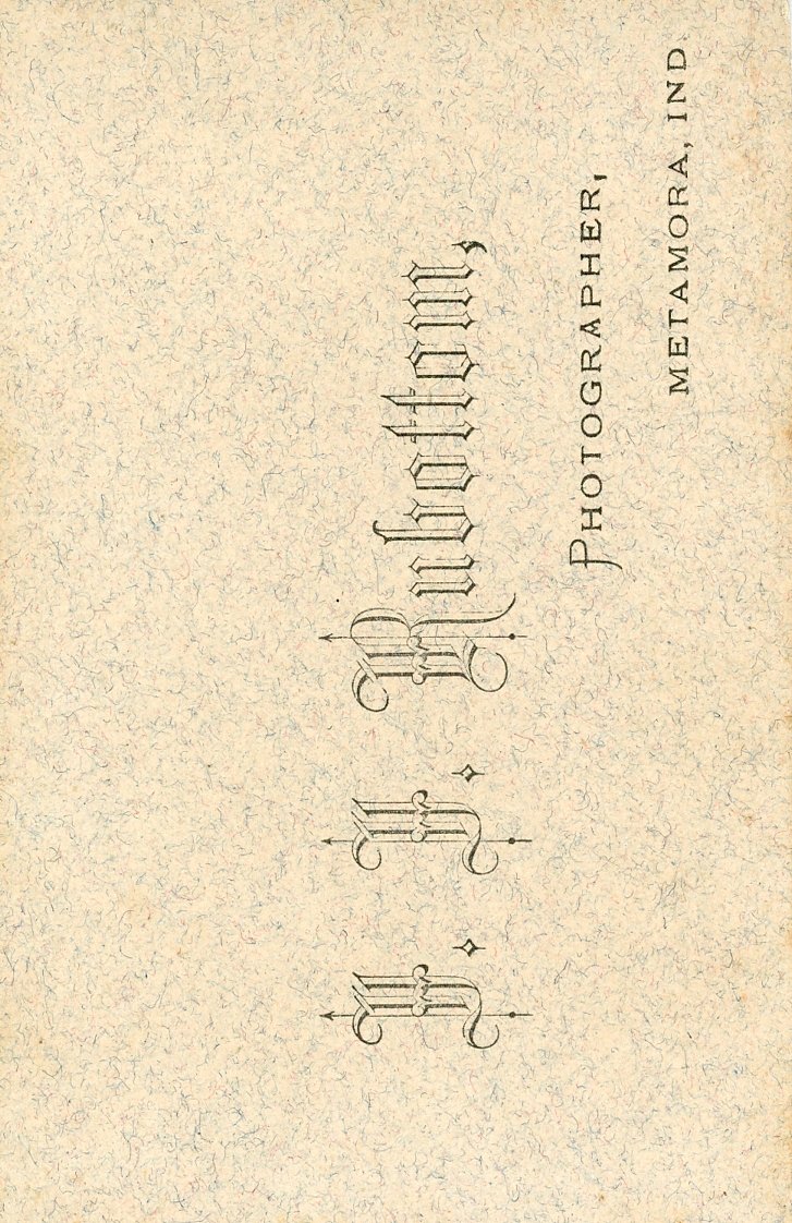 Vintage business card with ornate script for J.W. Rubottom, Photographer, Metamora, IN.