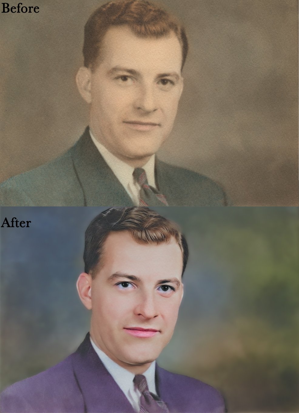 Comparison of old and restored portrait of a man in a suit