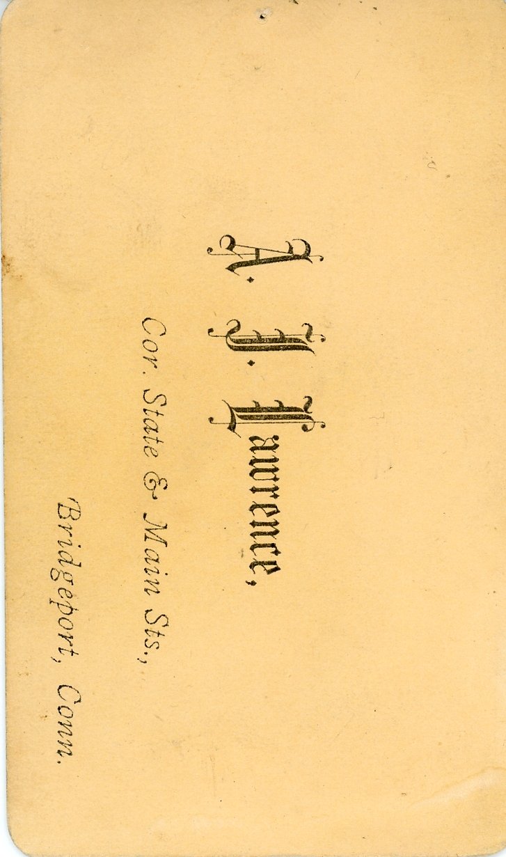 Vintage calling card with text 'A. J. Lawrence, Cor. State & Main Sts., Bridgeport, Conn.' in decorative font.