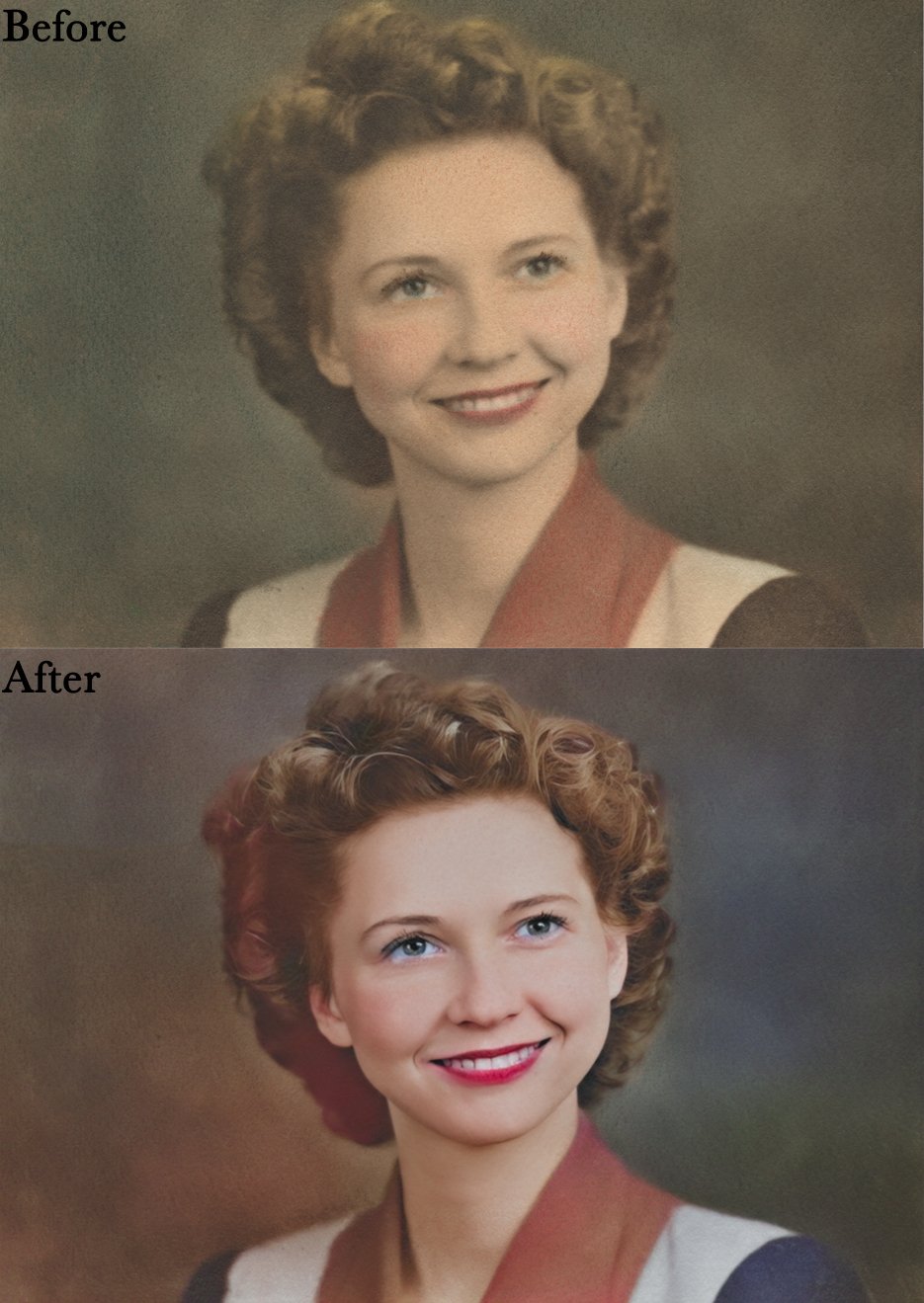 Photo restoration before and after of a woman with curly hair and a red collar on a dress.