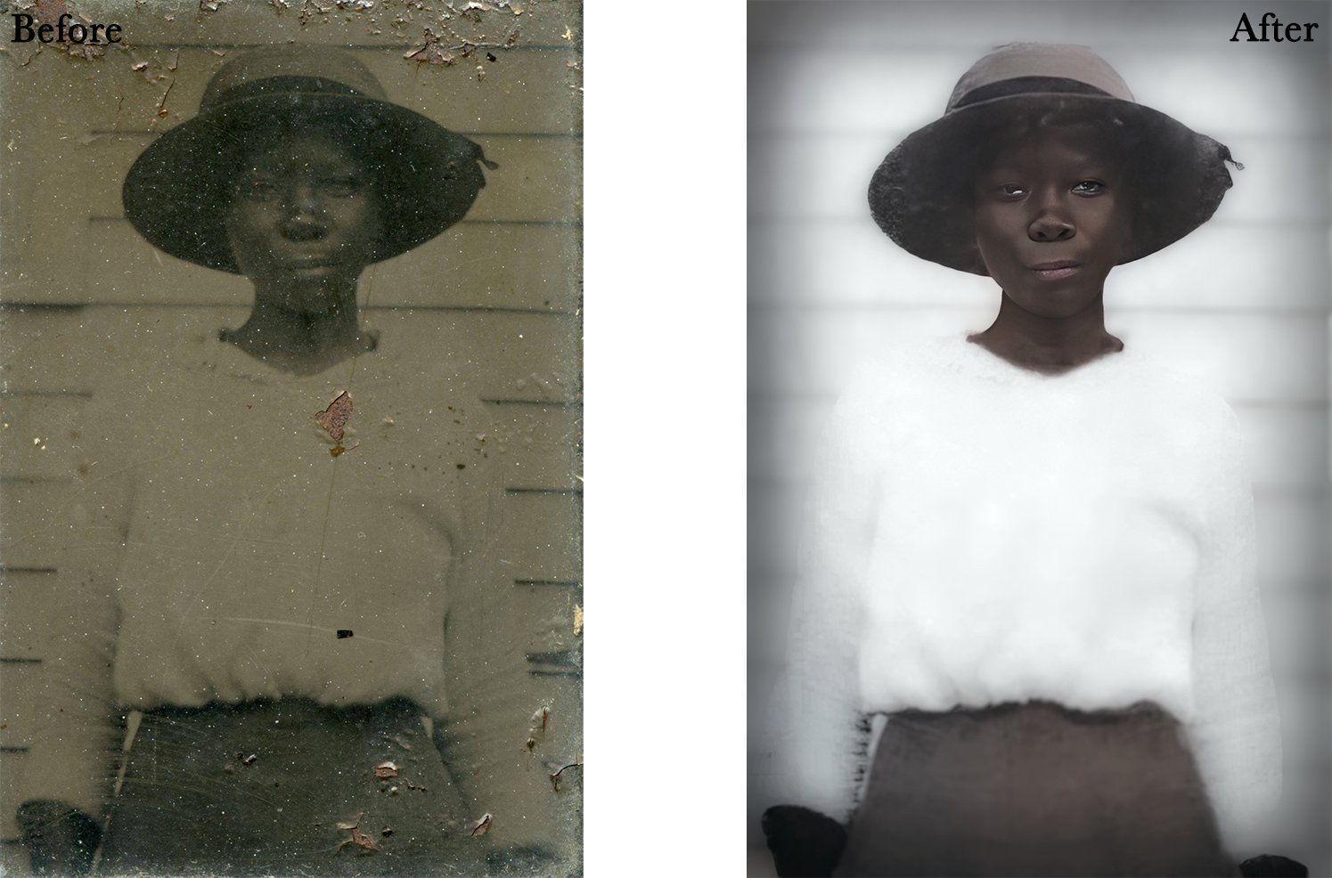 Before and after restoration of a vintage photograph of a woman in a hat.