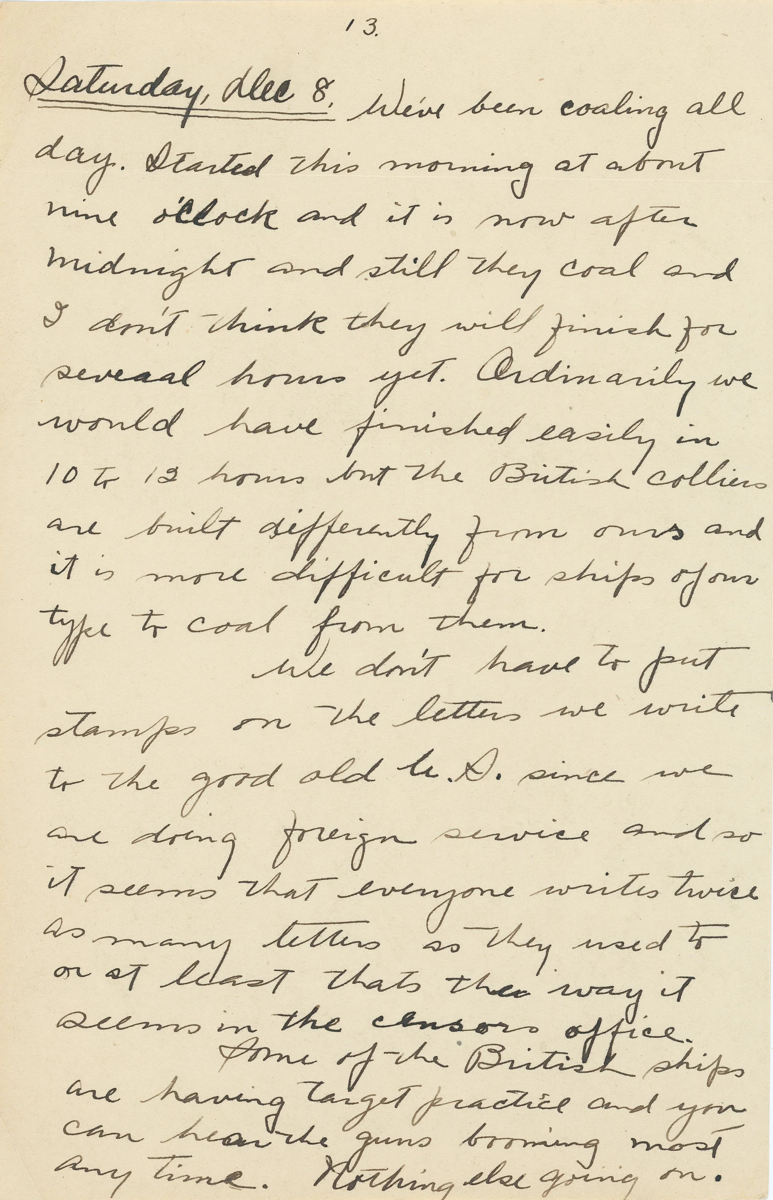 Handwritten letter on creamy paper, dated Saturday, Dec 8. The text discusses coaling activities and challenges, mentions difference in ship construction, notes of not needing stamps, and British ships doing target practice.
