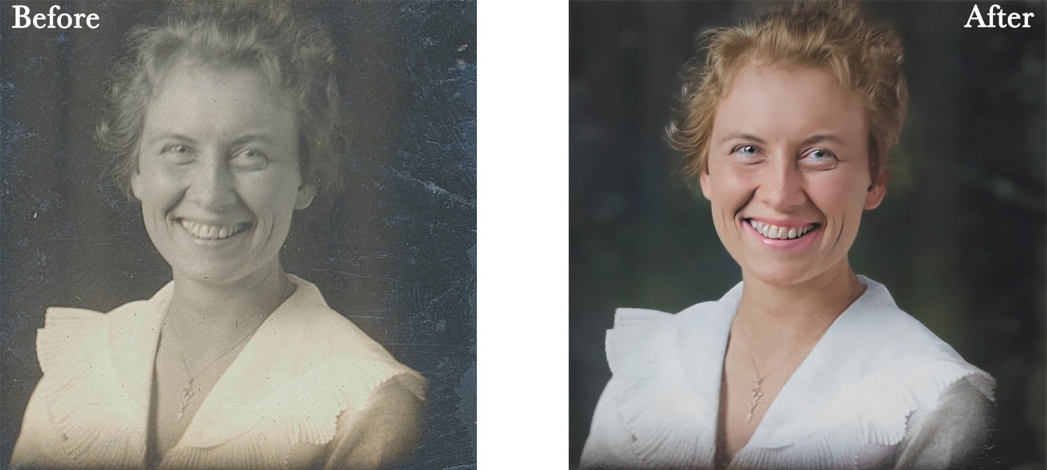 Side-by-side comparison of a woman's portrait, showing a before image in black and white and an after image in color restoration.