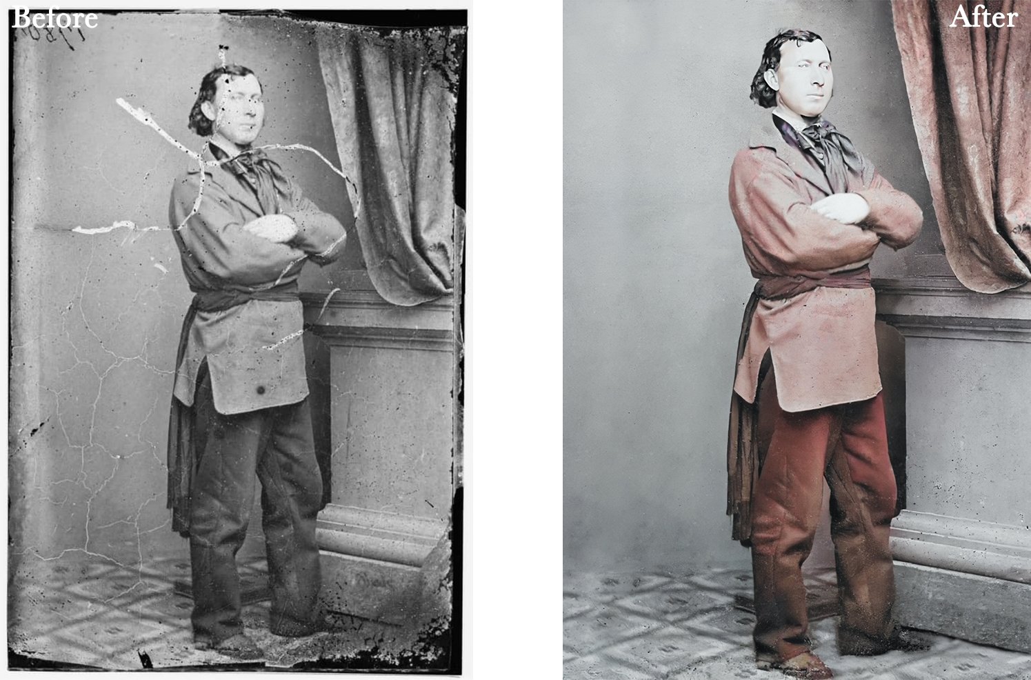 Side-by-side comparison of a black and white damaged photo on the left with a restored and colorized version on the right, depicting a person in period clothing with arms crossed.