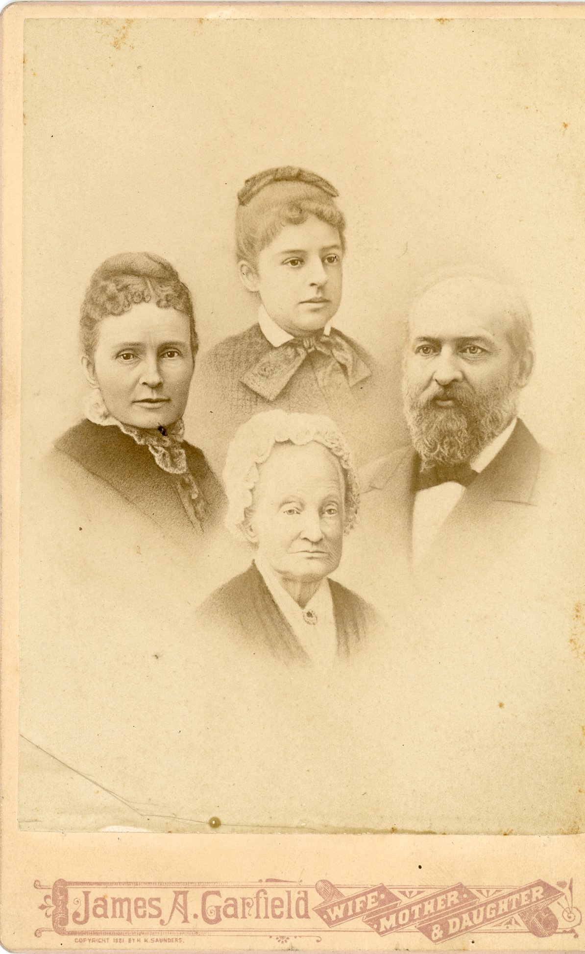 Vintage portrait of four individuals, labeled as James A. Garfield, wife, mother, and daughter, on a beige background.