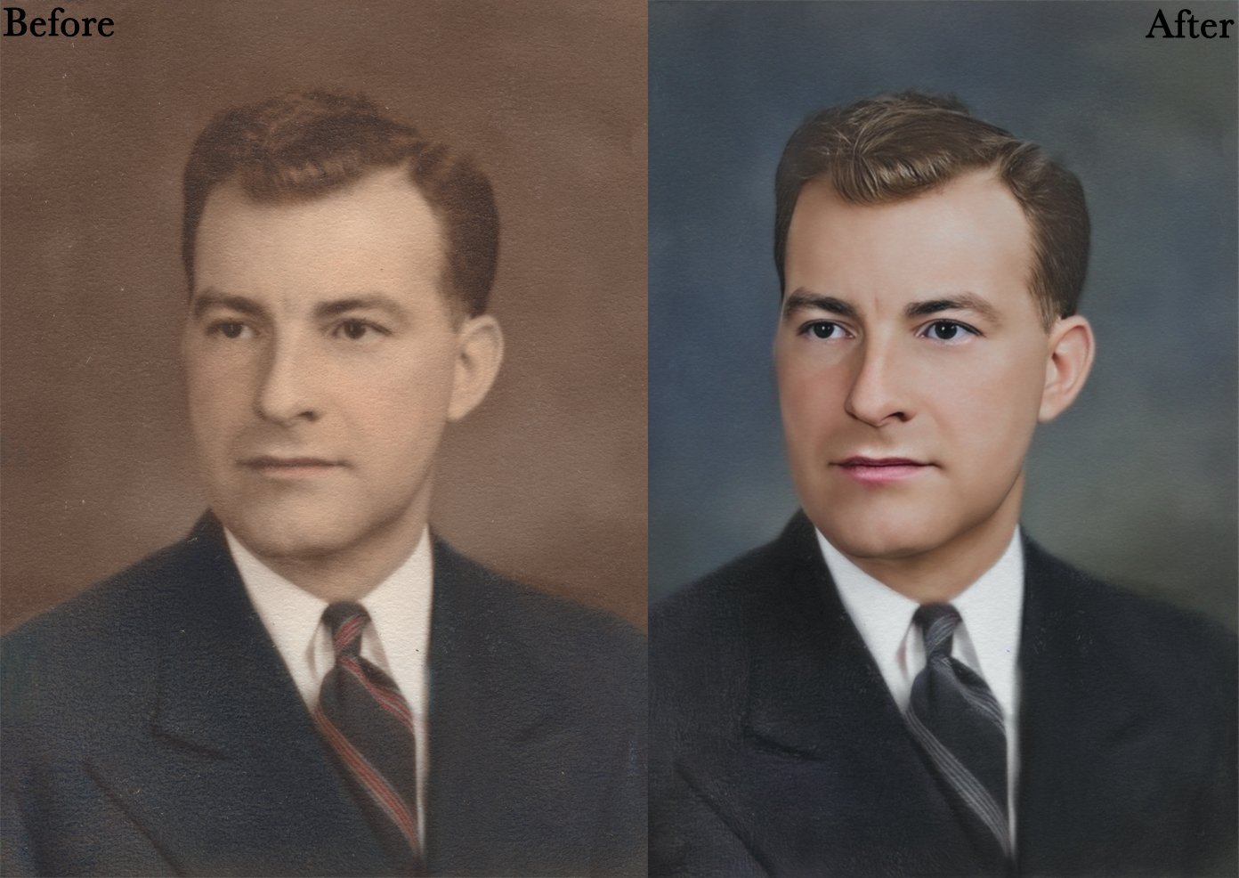 Side-by-side comparison of a vintage portrait photo: before and after restoration.