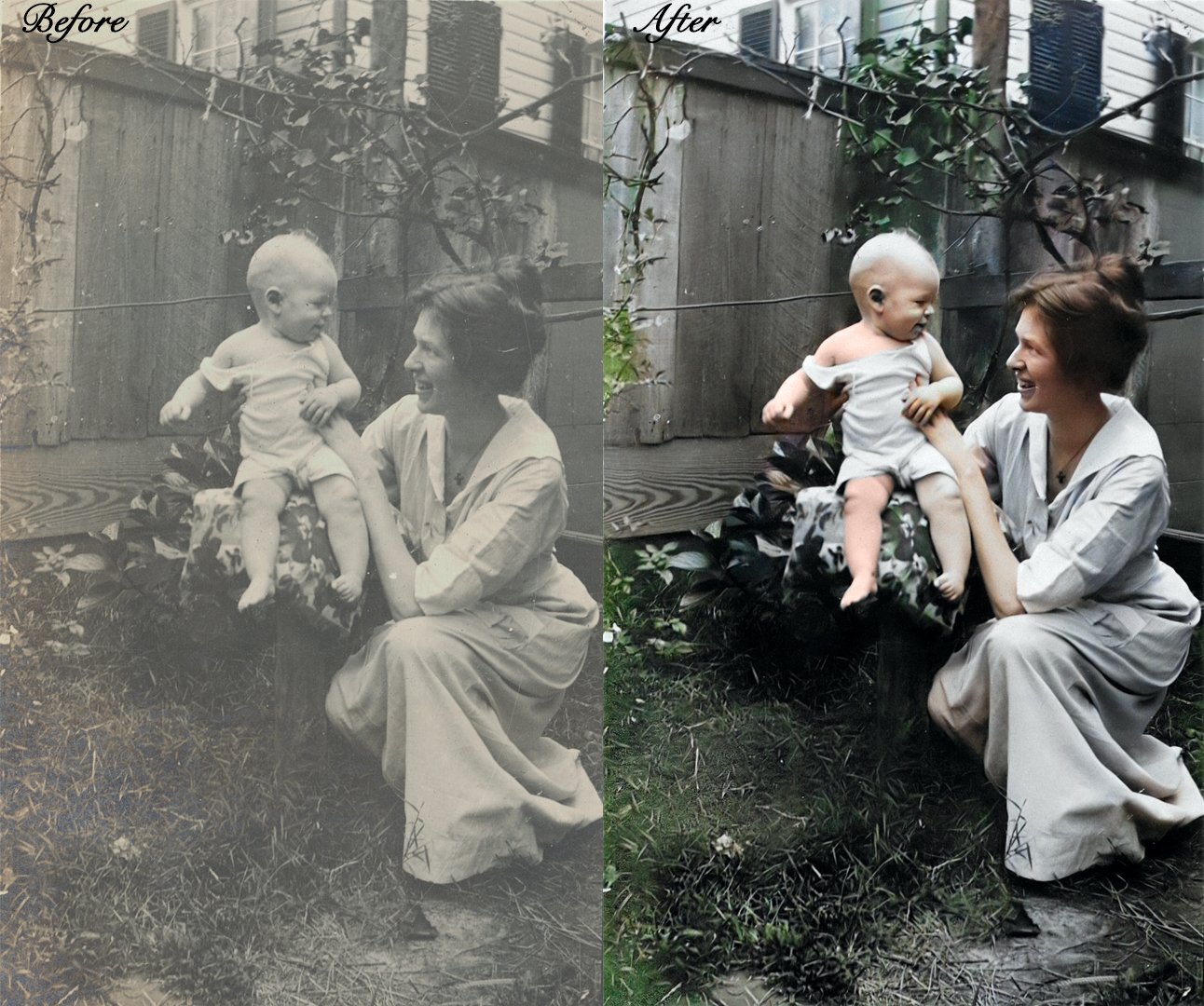Before and after image restoration of a mother holding a baby in a garden setting.