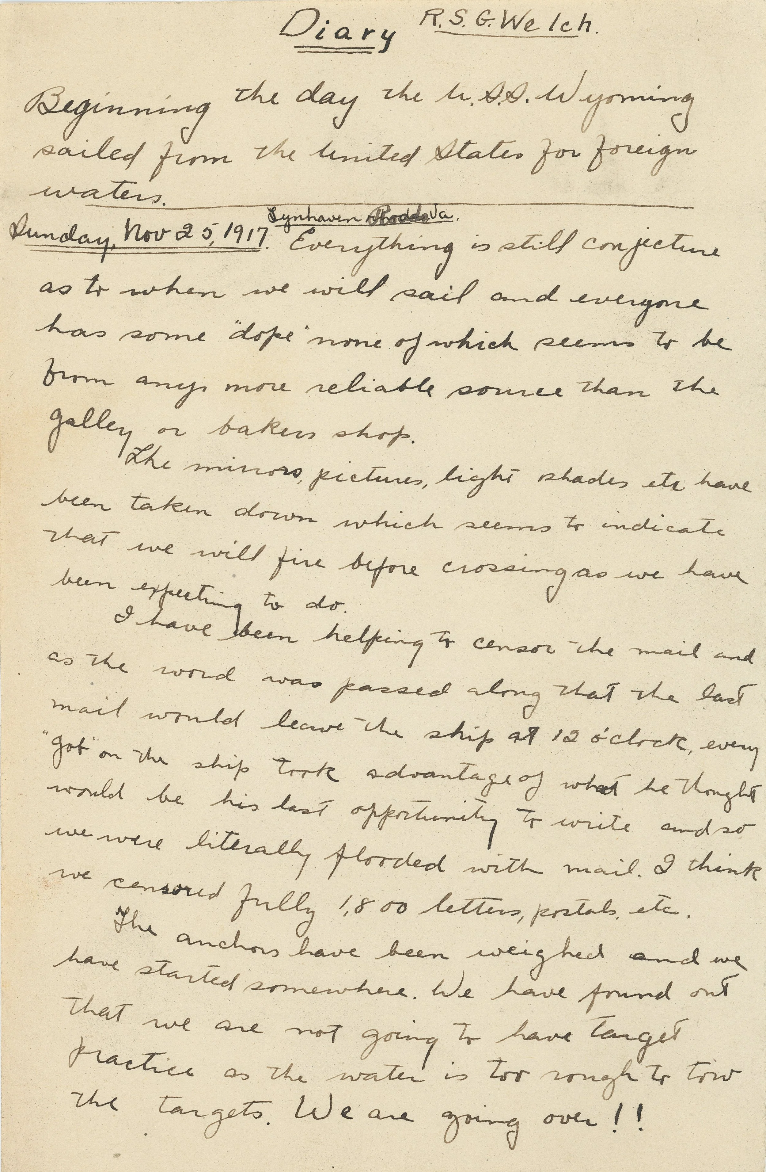 Handwritten diary entry dated November 25, 1917, describing anticipation of sailing on the U.S.S. Wyoming and censoring mail before departure.