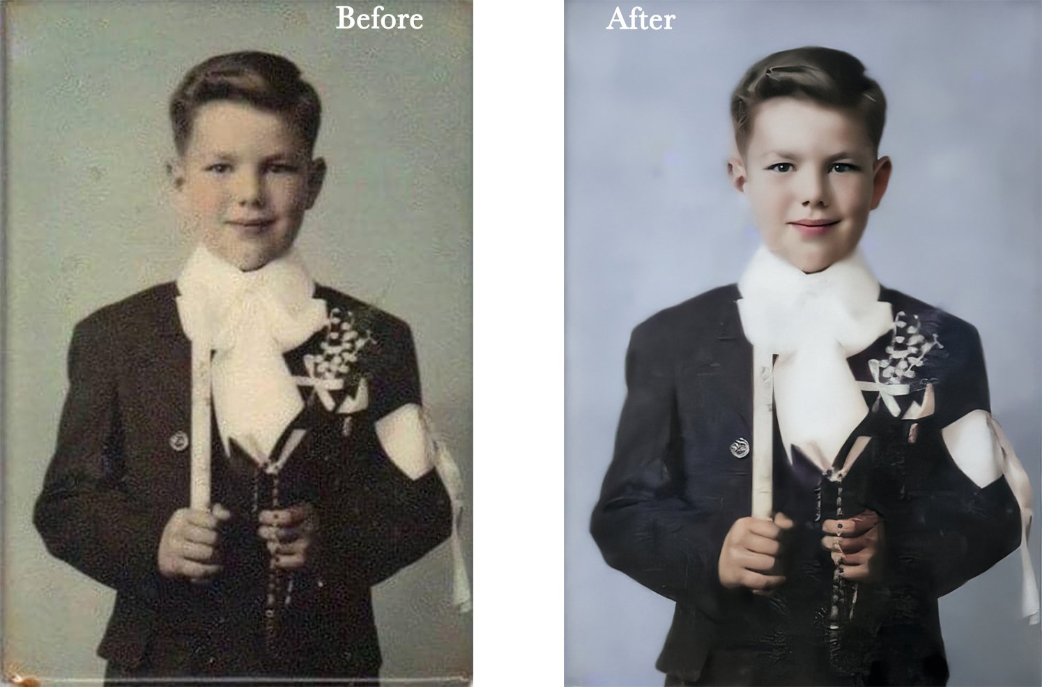 Side-by-side comparison of a vintage and colorized photo of a young boy in formal attire, holding a candle and rosary, labeled 'Before' and 'After.'