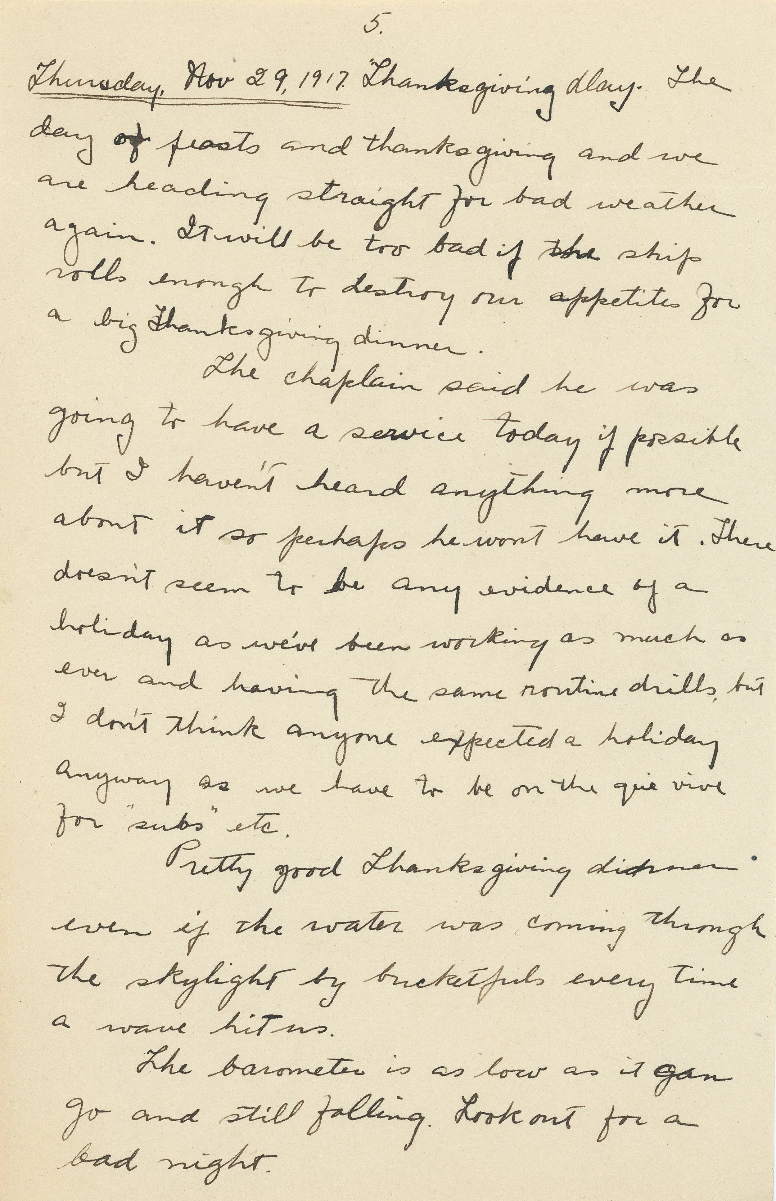 Handwritten diary entry dated November 29, 1917, discussing Thanksgiving Day, bad weather, and ship conditions.