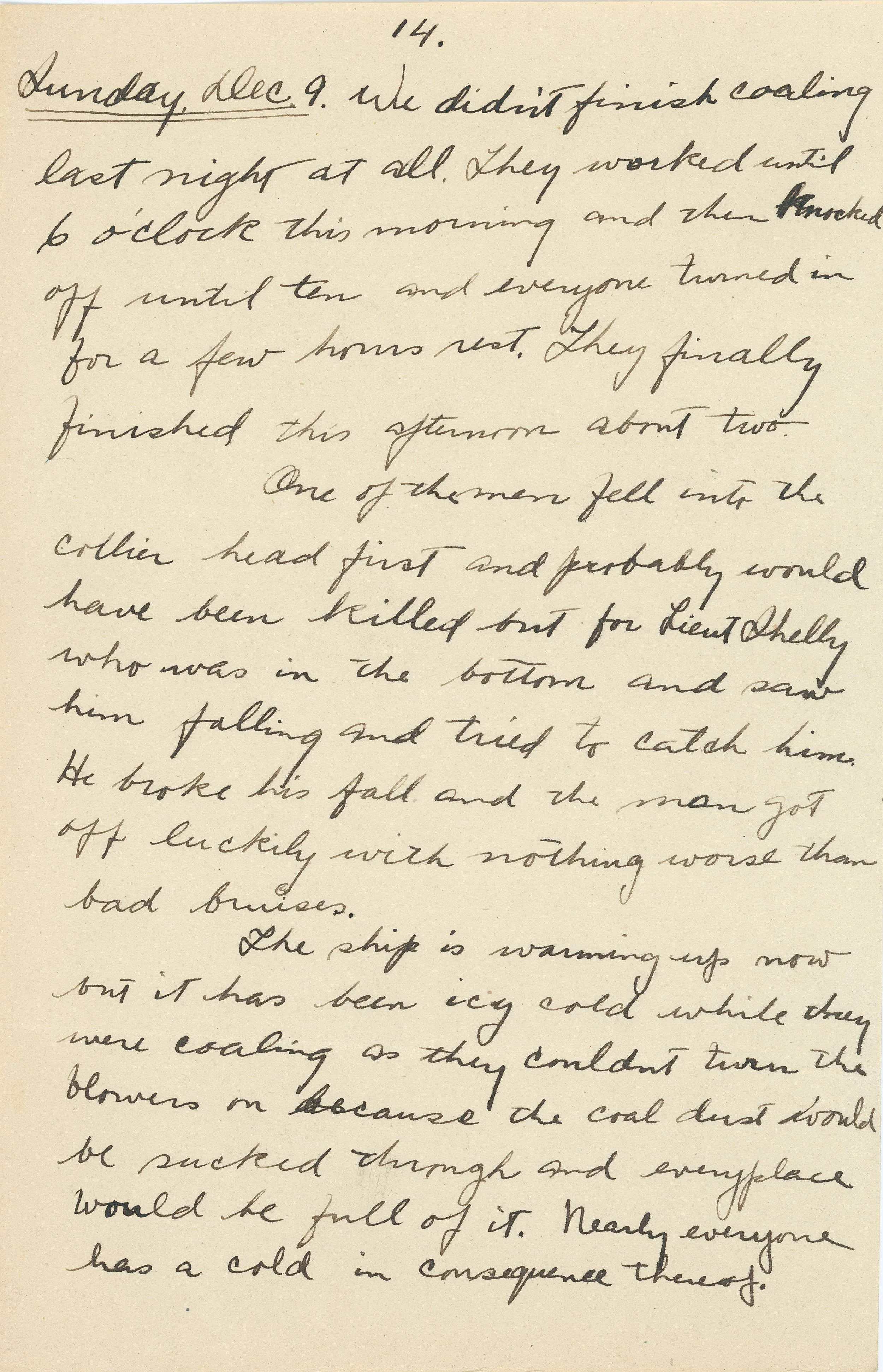 Handwritten diary entry dated Sunday, Dec. 9 about coaling operations.