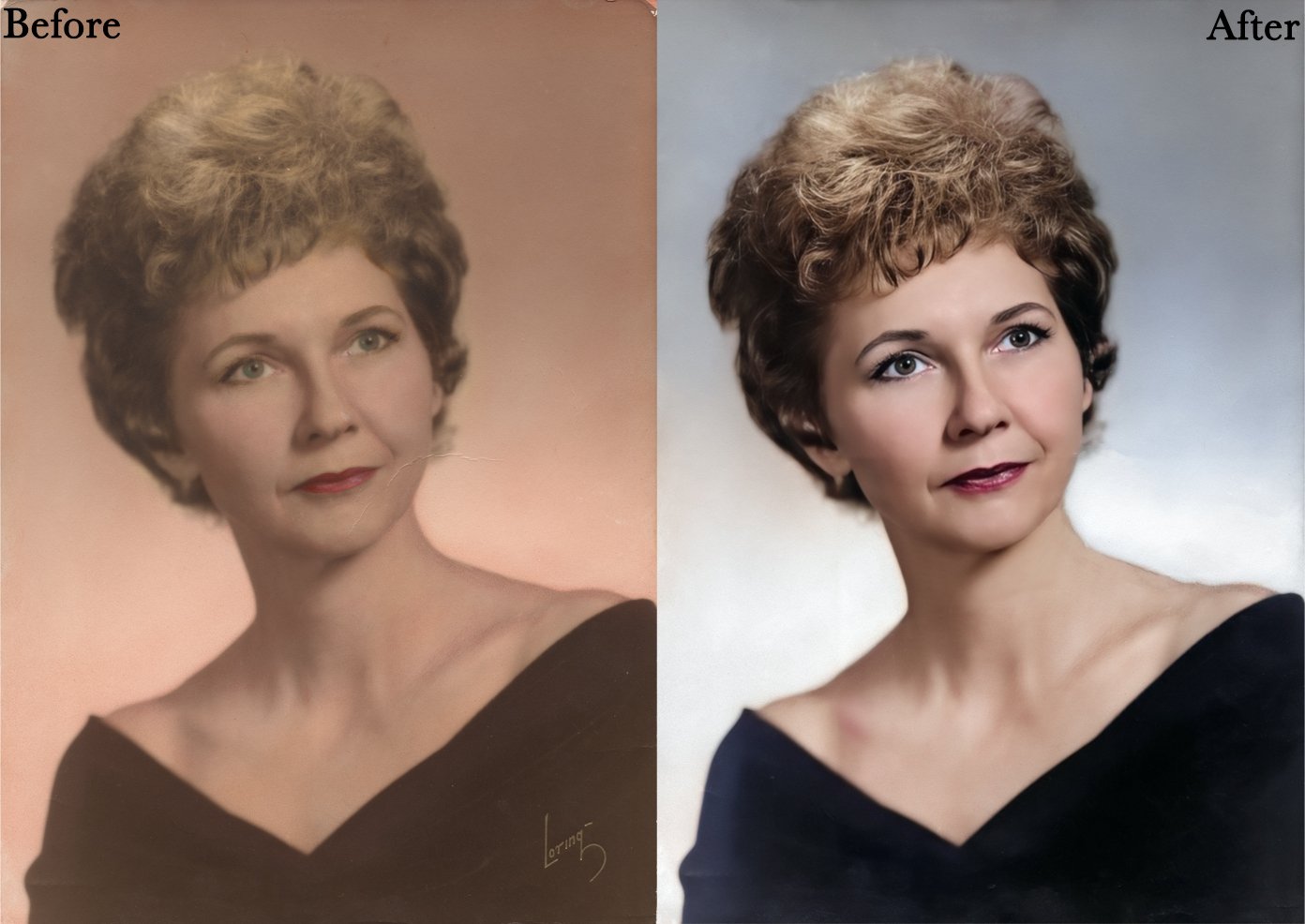 Side-by-side comparison of an old photograph and its restored version, showing a woman in a dark outfit with a light background.