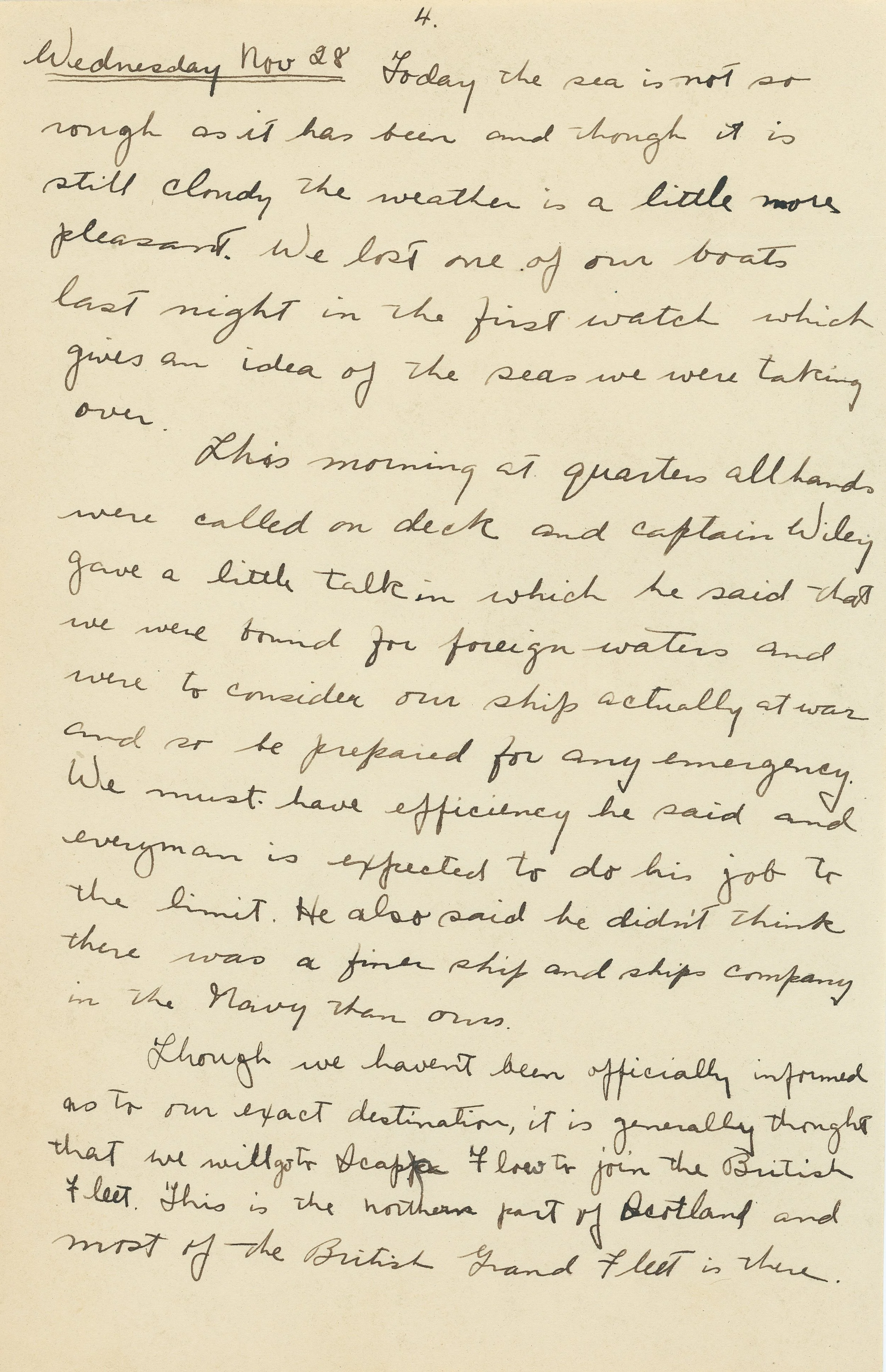 Handwritten diary entry dated Wednesday Nov 28 discussing sea conditions, loss of a boat, and a talk by Captain Wiley.