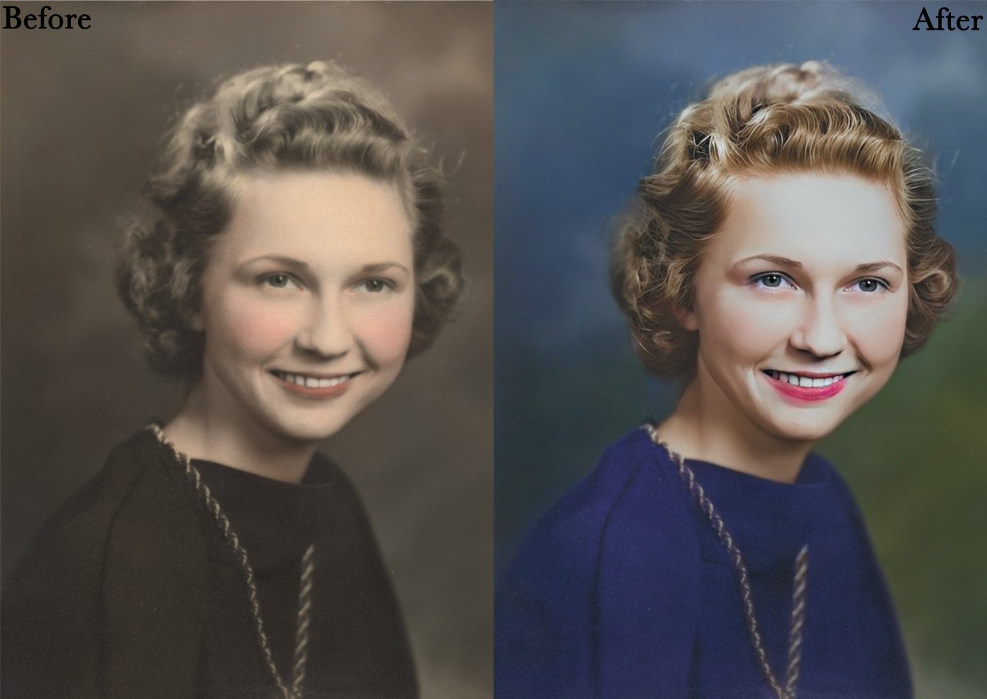 Side-by-side comparison of a vintage black-and-white photograph and its colorized version featuring a smiling woman wearing a dark dress with a necklace, with text labels 'Before' and 'After'.